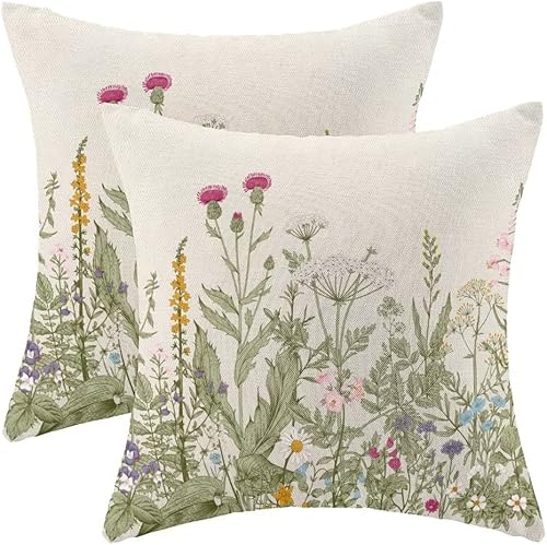 AEIOAE Juego de 2 fundas de almohada de primavera de 18 x 18 pulgadas, fundas de almohada verdes con flores silvestres de granja para exteriores,