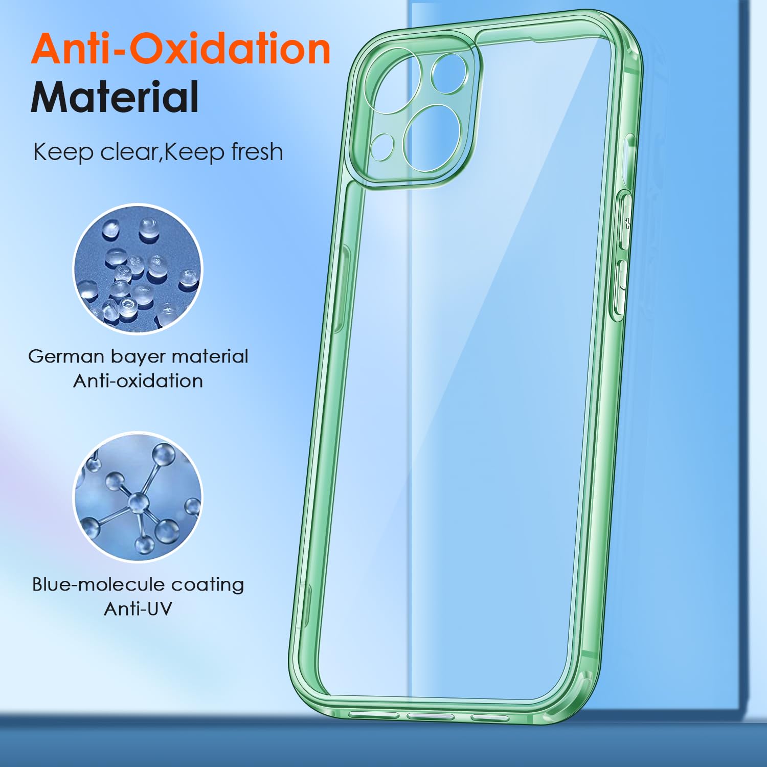 iVoler 3 in 1 Cover Compatibile con iPhone 15 6.1 pollici con 2 Pezzi Pellicola Vetro Temperato, Non Ingiallente,Antiurto di Grado Militare, Protezione Fotocamera,Trasparente Custodia - Menta verde