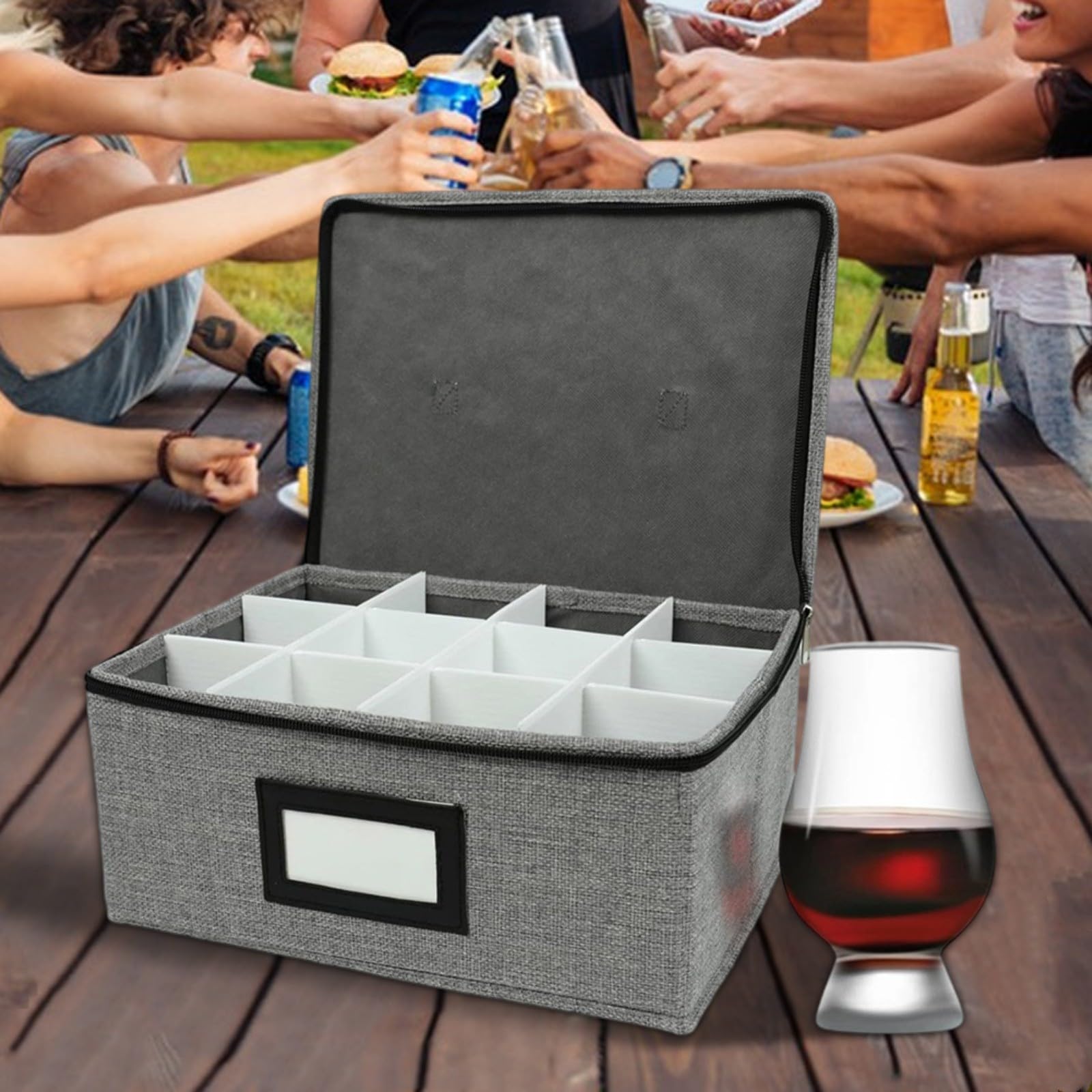 Lot de 2 boîtes de rangement en verre avec 12 compartiments et poignées, empilables, étanches à la poussière, boîte de rangement pour verres à vin avec couvercle pour la cuisine ou la