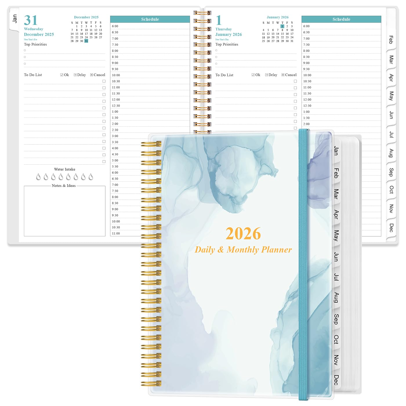 2026 Daily & Monthly Planner - One Page Per Day, Daily Planner from January 2026 - December 2026, Planner 2026 with 12 Monthly Tabs, 8.5" x 11", Blue