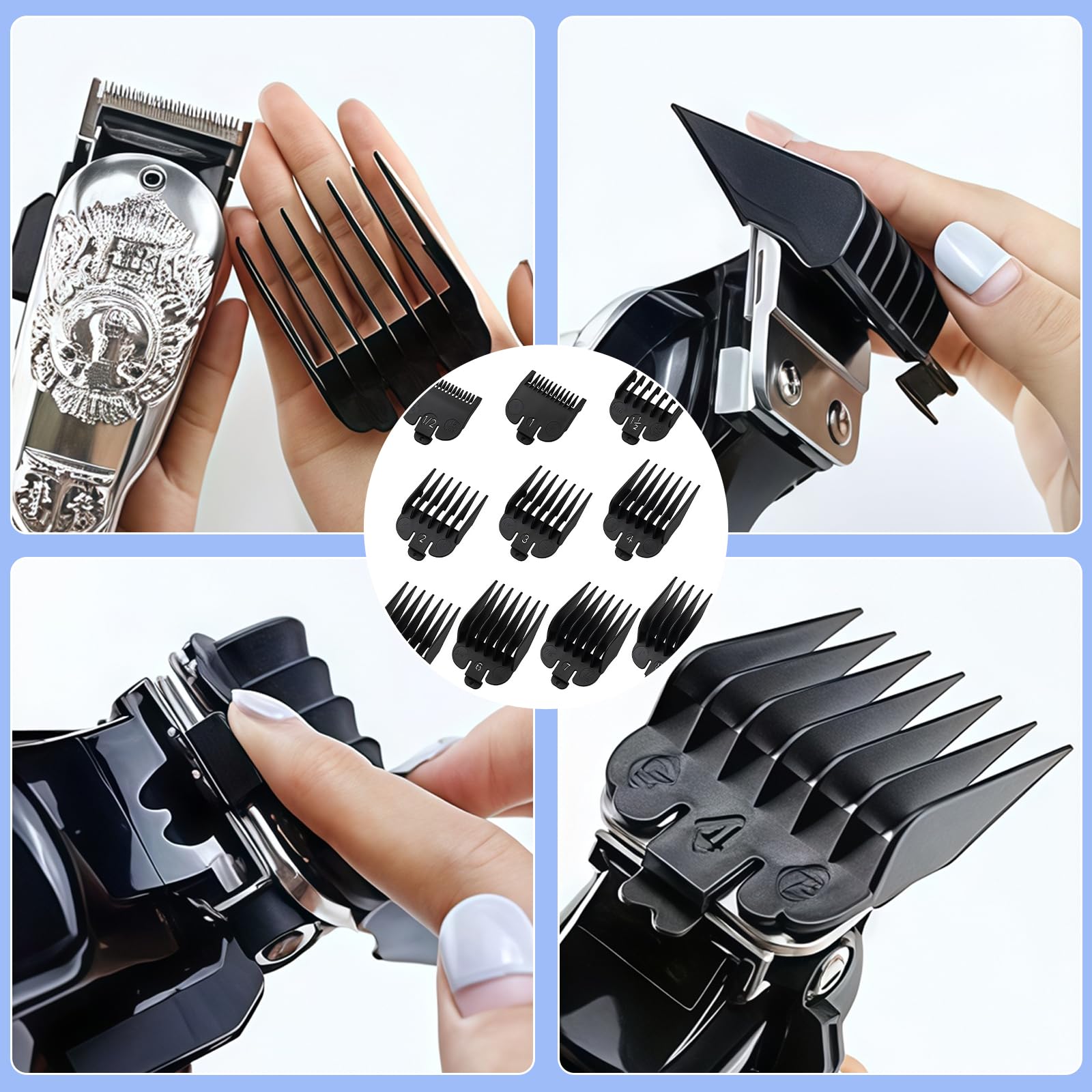 Klipperschutz-Set, kompatybilny z większością maszynek do strzyżenia włosów, zamiennik szyn do strzyżenia włosów - od 1/16" do 1", zestaw 10 sztuk, kolor czarny