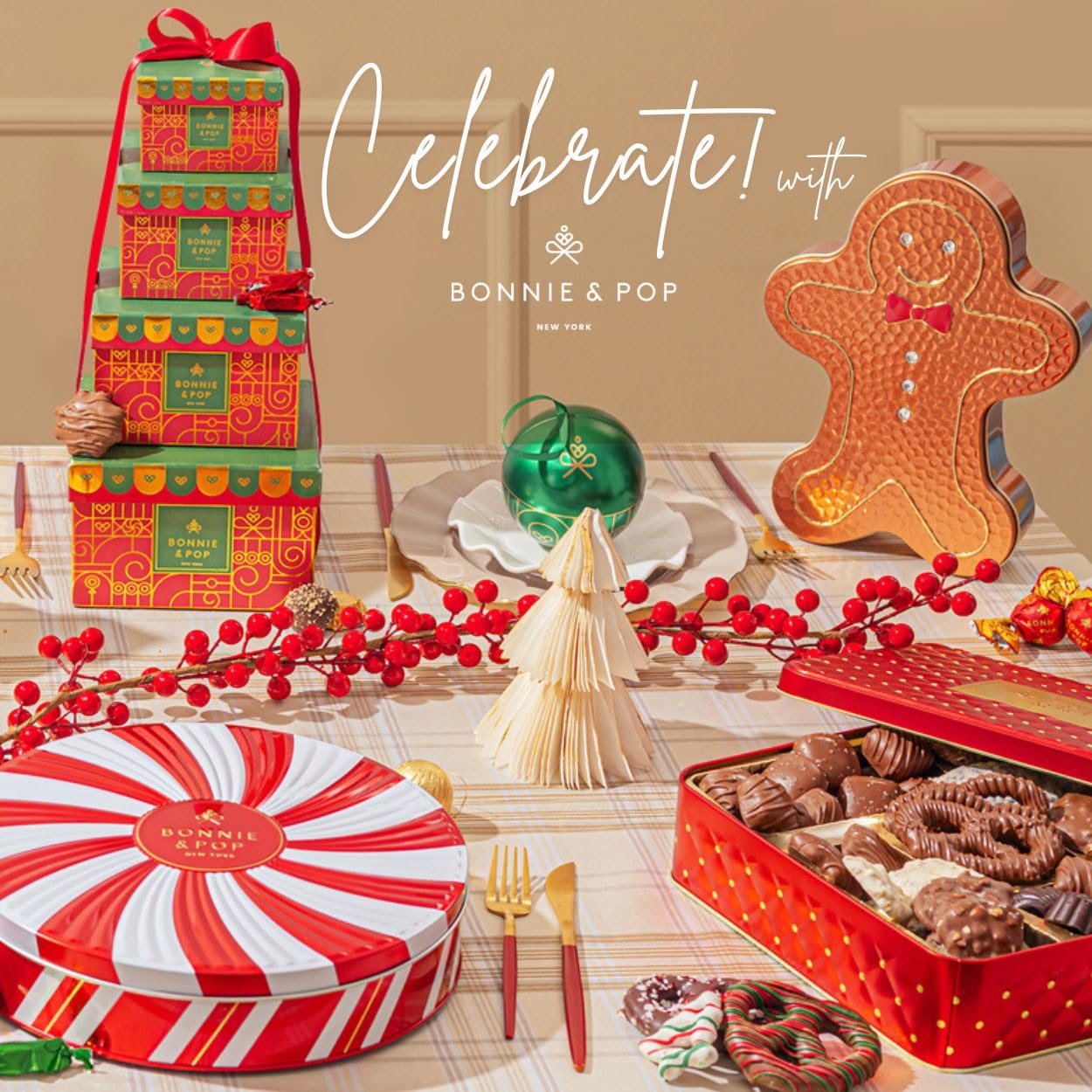 Christmas Gift Tin, Gingerbread Man with Foiled Hazelnut Chocolate Bon Bons – Holiday Chocolate Gift Basket for Kids & Adults- Bonnie and Pop