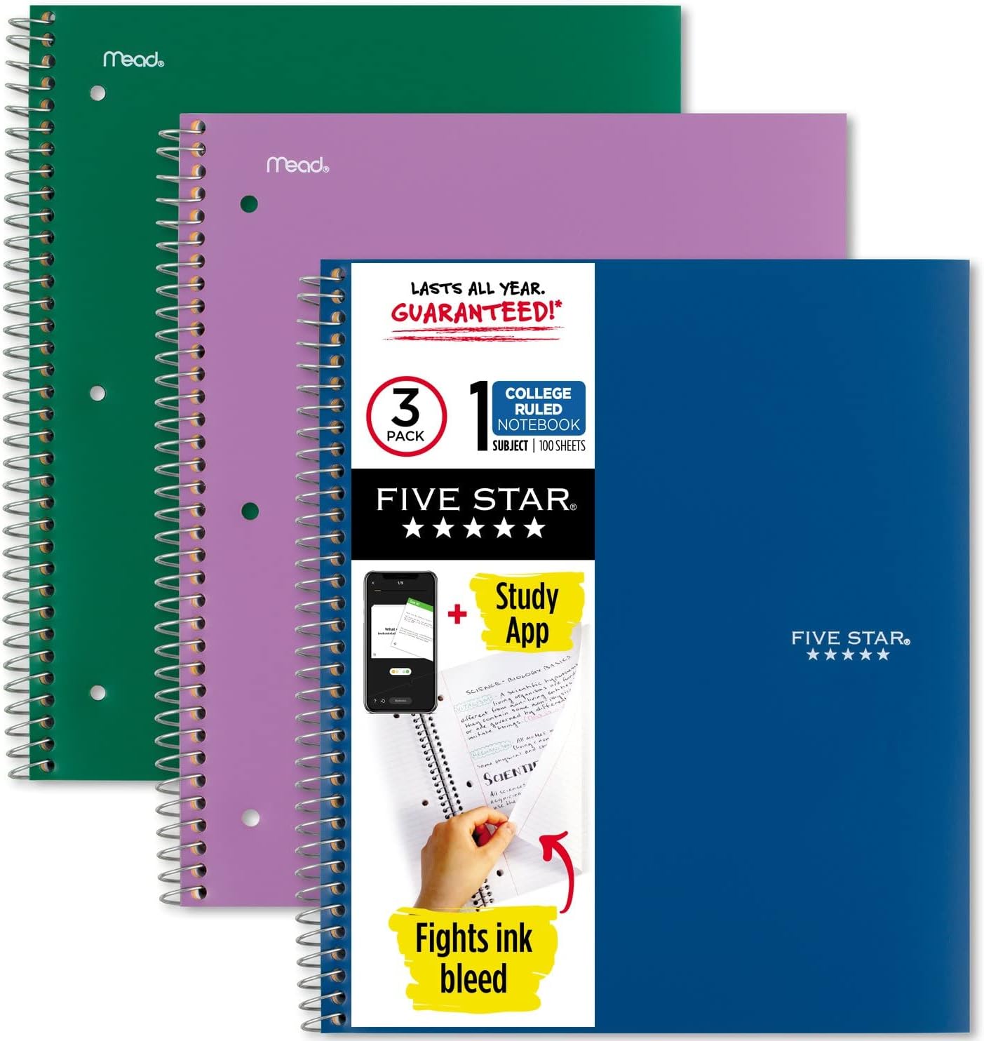 Spiral Notebooks with Pockets + Study App, 3 Pack, 1-Subject, College Ruled Paper, 11” x 8-1/2", 100 Sheets, Forest Green, Amethyst Purple and Pacific Blue (38456)