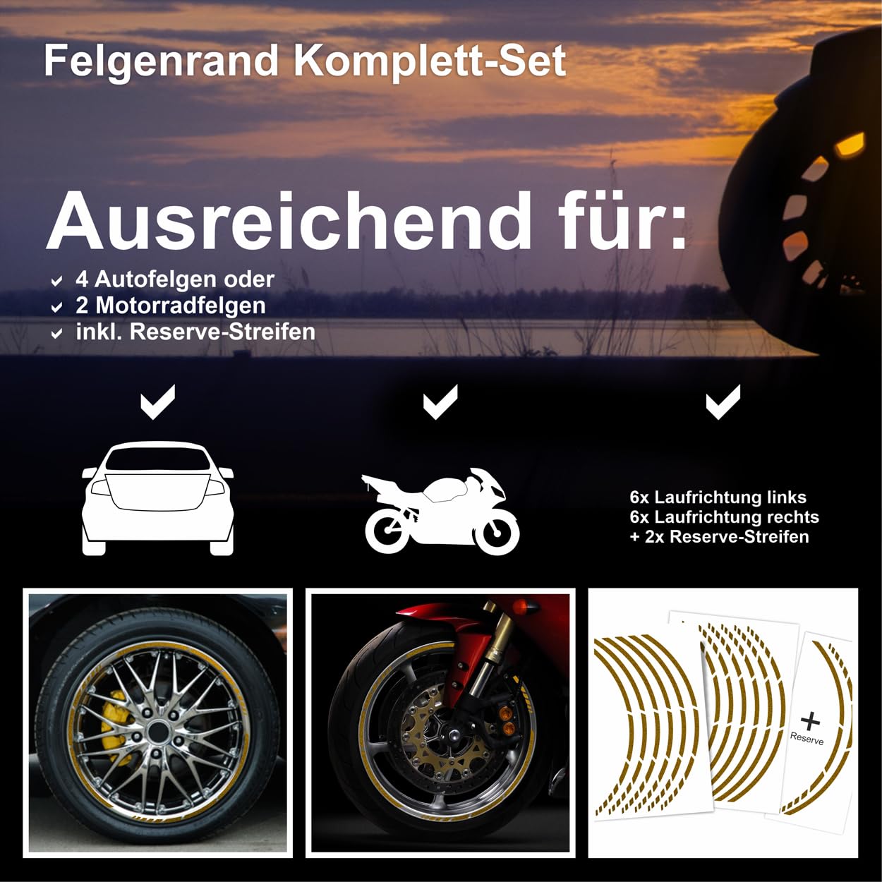 Adesivi per Cerchi Moto Ruote Strisce Varie Misure Oro Cromo - CR FL 23