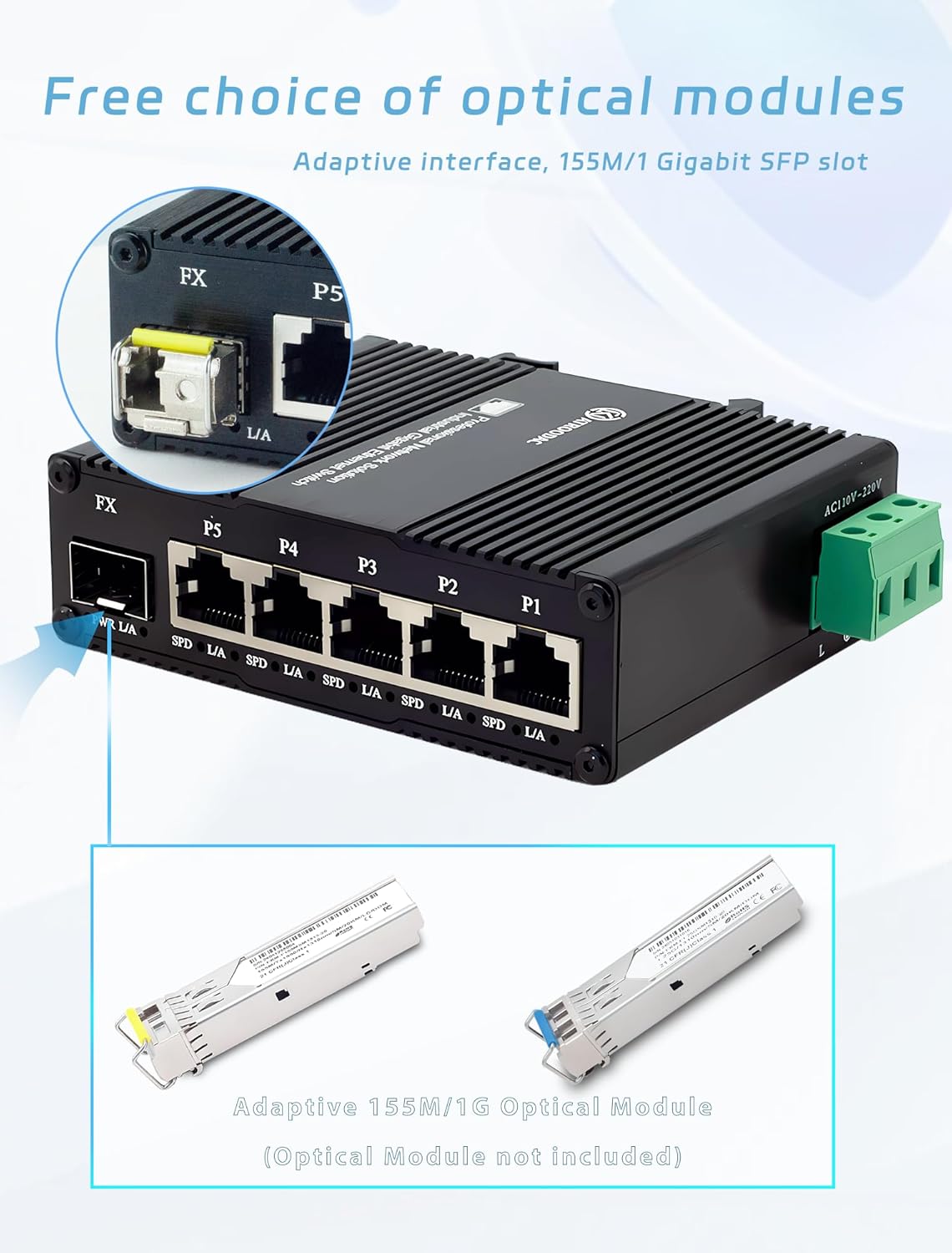 Mini AC Power Supply 5 Port Gigabit Switch with SFP Slot Din Rail Fanless Industrial Unmanaged Ethernet Switch 5*1000Mbps RJ45 Port +1G SFP Fiber Port Support Network Switch AC 85~250V Input