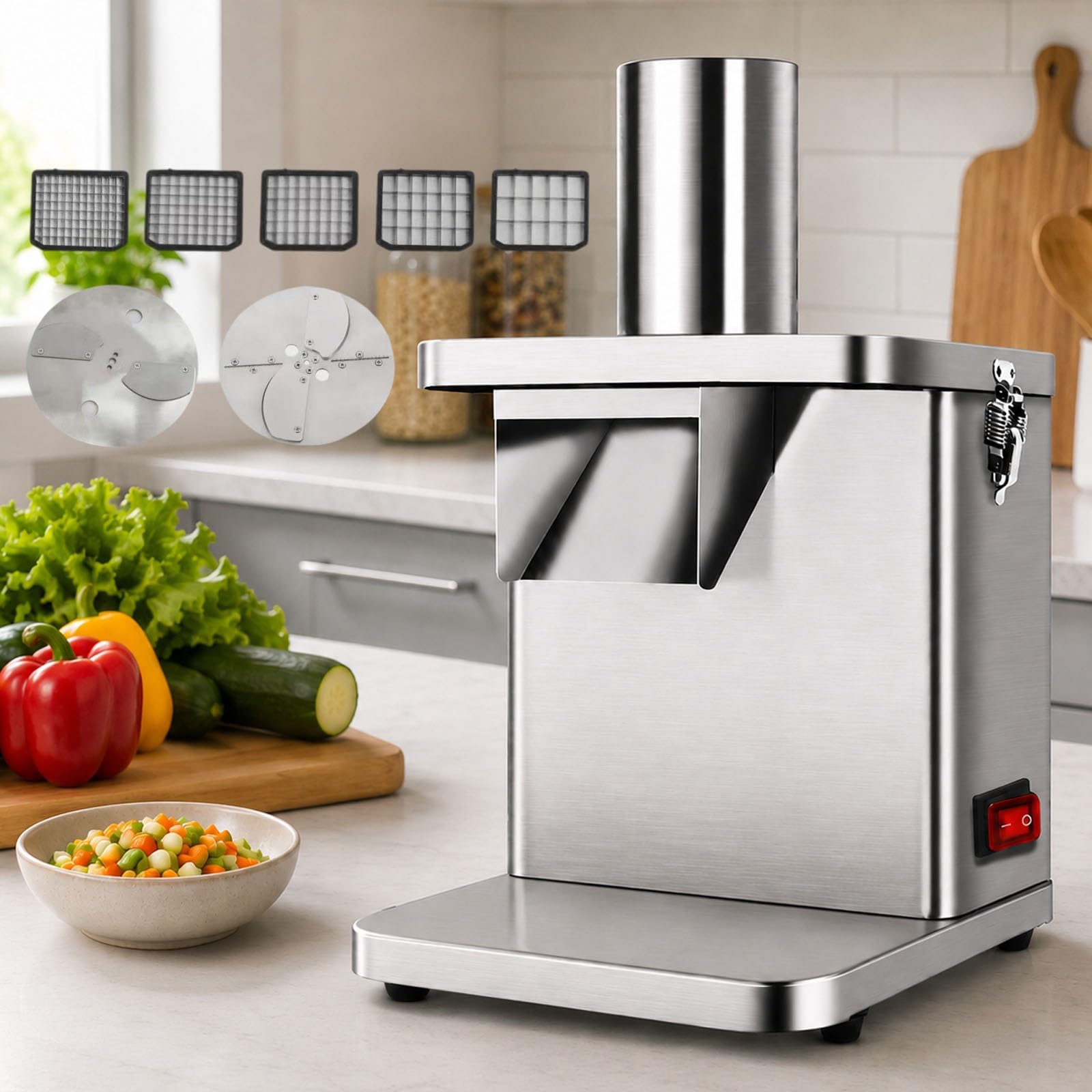 Tagliaverdure Elettrico Da 260 W, Trita Cipolle Professionale Da Banco, Affettatrice E Grattugia per Frutta Con 5 Lame Intercambiabili per Patate, Cetrioli