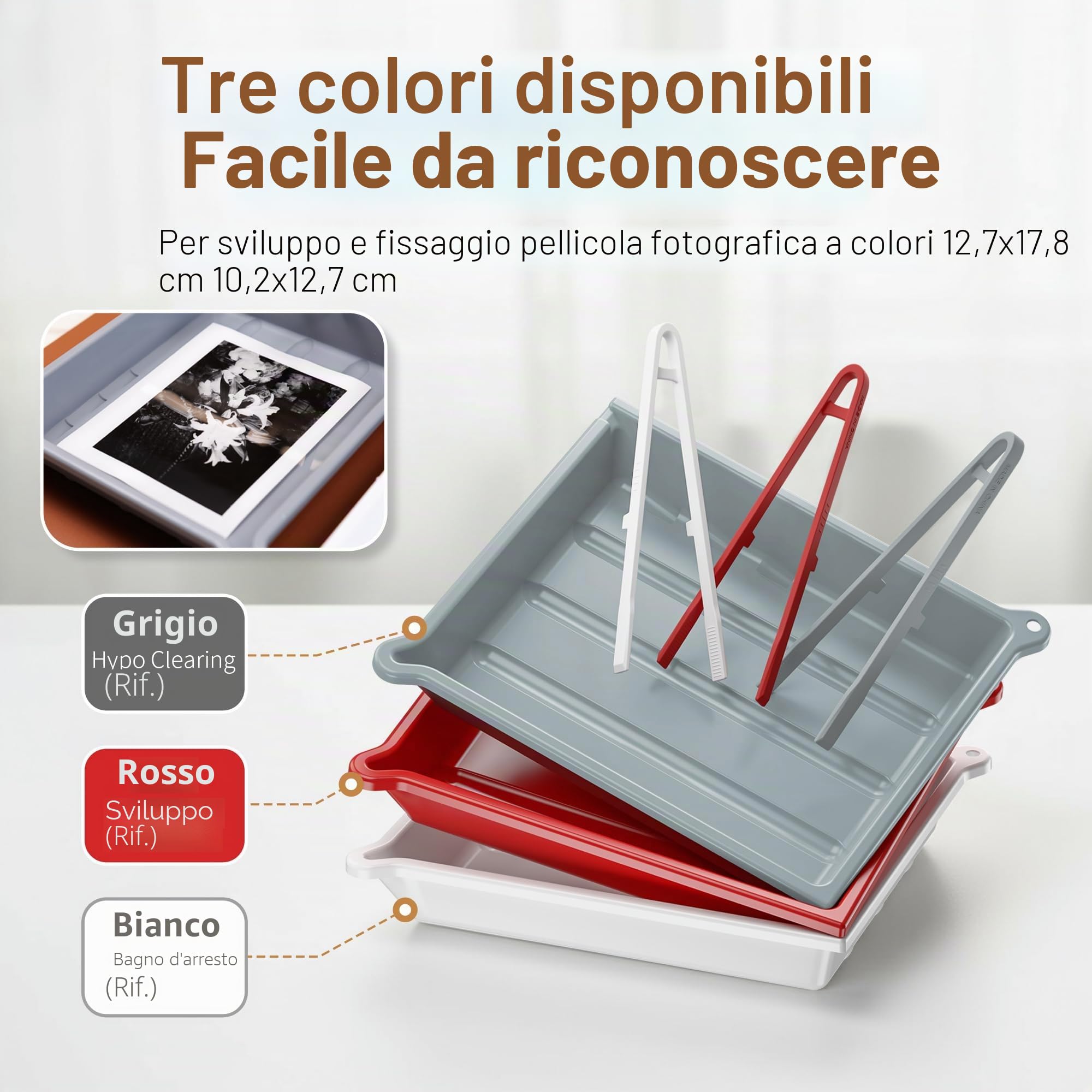 JJC Darkroom - Vassoio per lo sviluppo di pellicole per stampa fotografica con clip in silicone, porta di drenaggio e scomparto per termometro, 33,4 x 38,4 cm, 33,4 x 38,4 cm, bianco, rosso, grigio