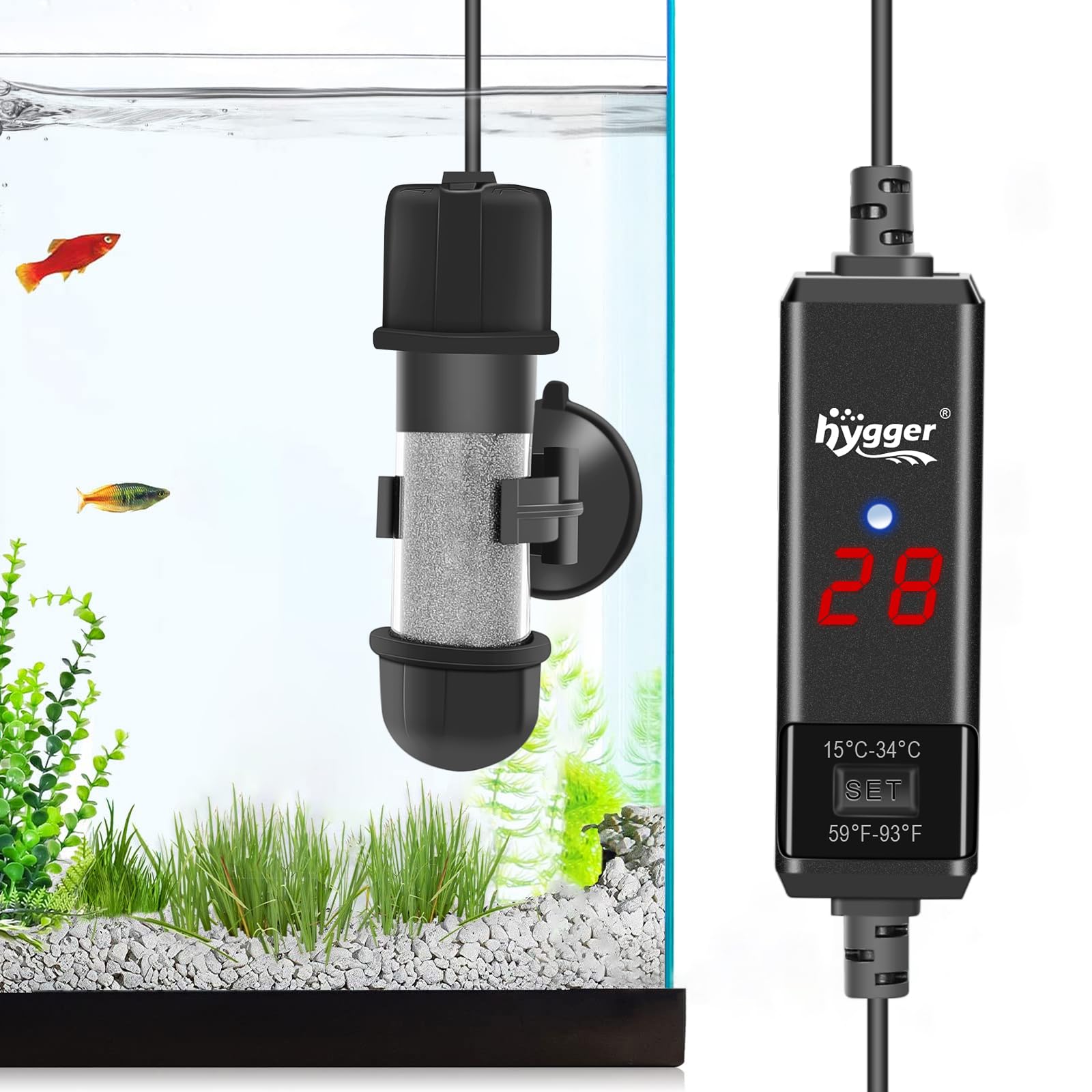 hygger Riscaldatore per acquario, 25 W, asta riscaldante regolabile, 15 – 34 °C, riscaldatore digitale per acquario, con regolatore di temperatura, per acqua salata e acqua dolce, serbatoio per