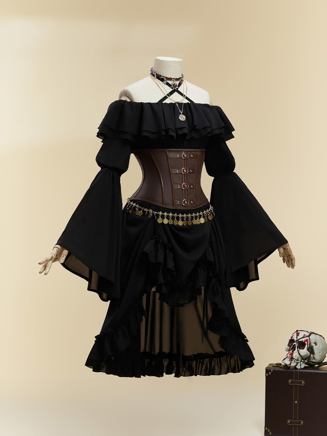 MEOWCOS Women's Halloween Costume Black Pirate Style Suit Strapless Dress with Corset and Hat Medieval Dress - Image 8