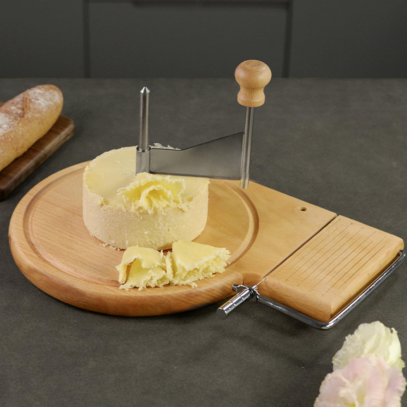 Cortador de Queso, Cortador Queso Horizontal con Tabla de Madera Redonda se Puede Utilizar para Cortar Queso Mantequilla y Foie Gras etc