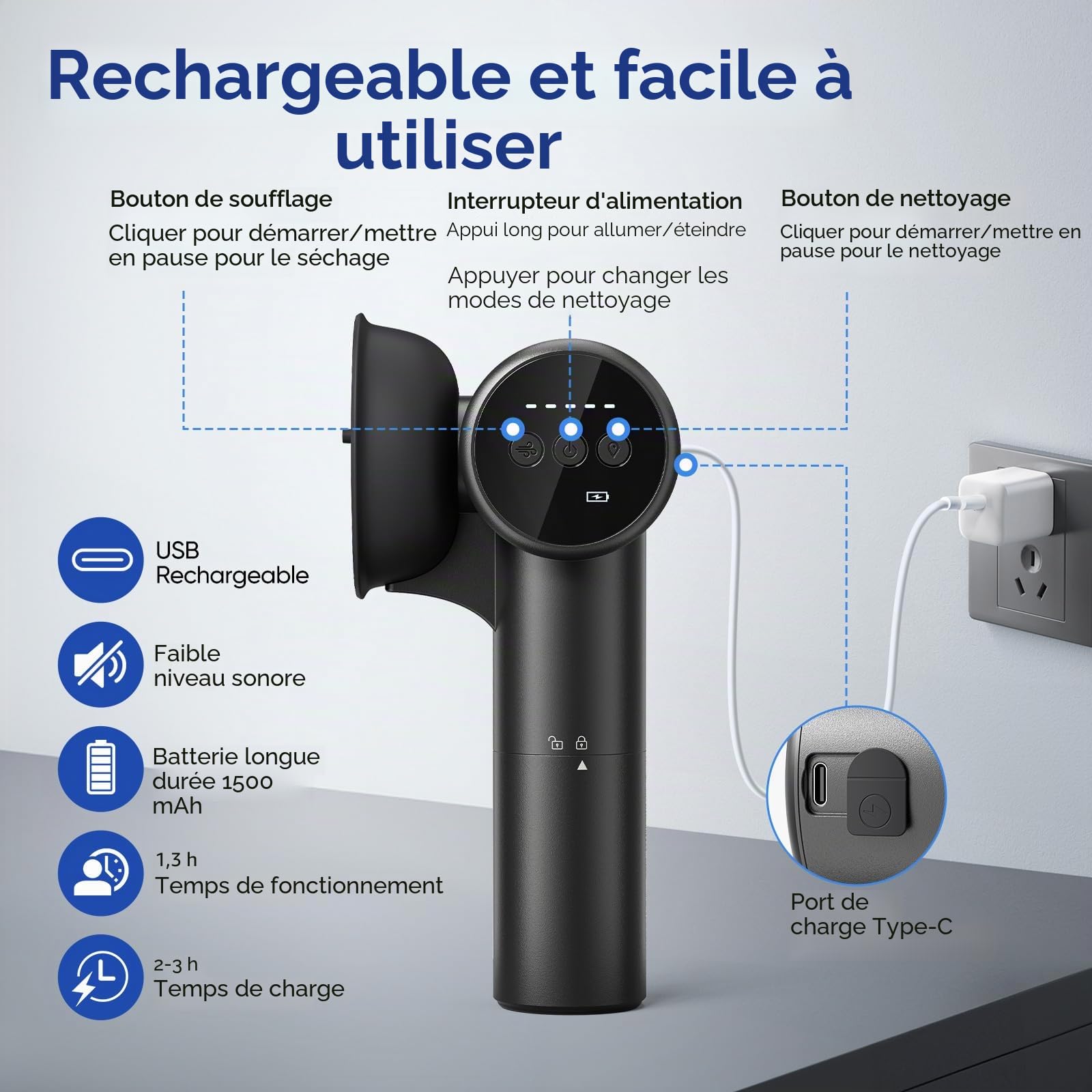 WildFun 2-IN-1 Kit de nettoyage des oreilles, Kit d'élimination de cérumen électrique avec 5 Modes de nettoyage et 1 Mode de soufflage modes, Elimination du Cérumen Rechargeable, IPX7 étanche (black)