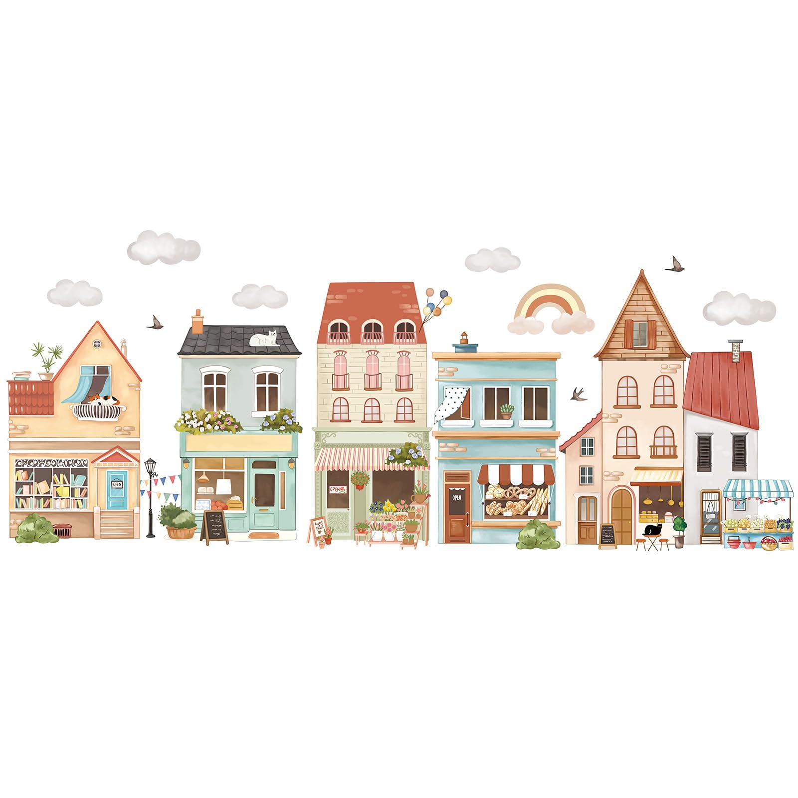 FUFUQUARE Cartoon Colorful Town Wall Stickers Watercolor House Wall Decals