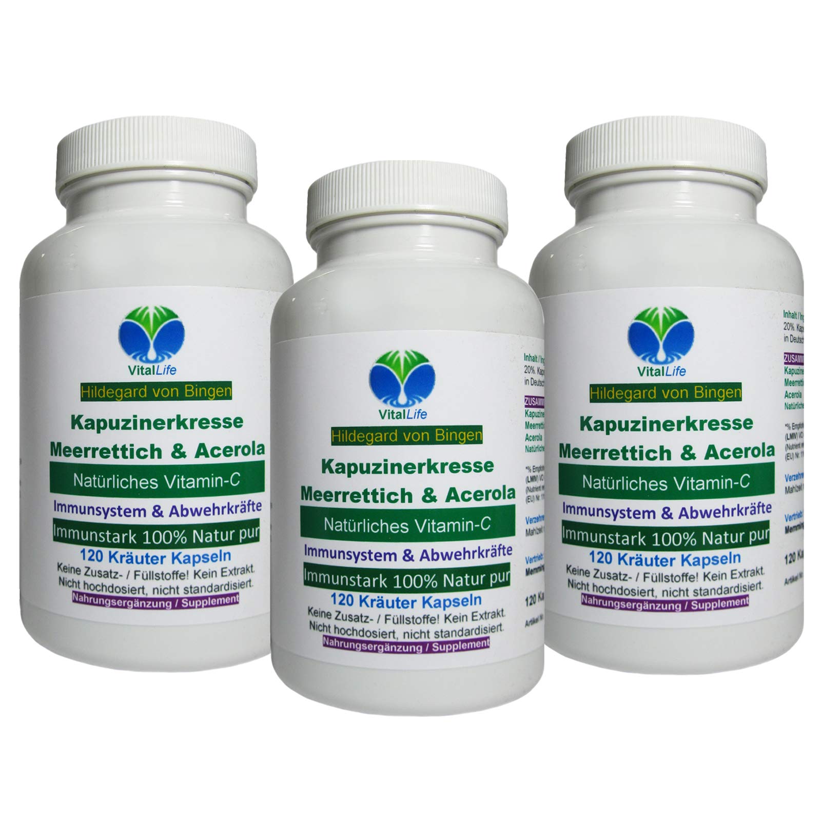 Immunstark - Immunsystem & Abwehrkräfte stärken 360 (3x120) Kapseln Immun-Trio mit Kapuzinerkresse, Meerrettich, Acerola (natürliches Vitamin-C). 100% NATUR pur. OHNE Zusatzstoffe. 26665-3