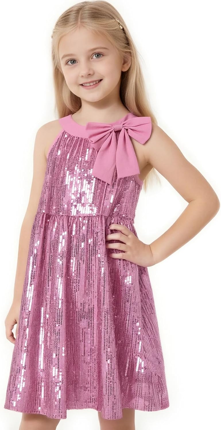 Tutu.kk Girls Sequin Dress Kids Sleeveless A-line Sparkly Birthday Holiday Party Dresses with Bow Tie