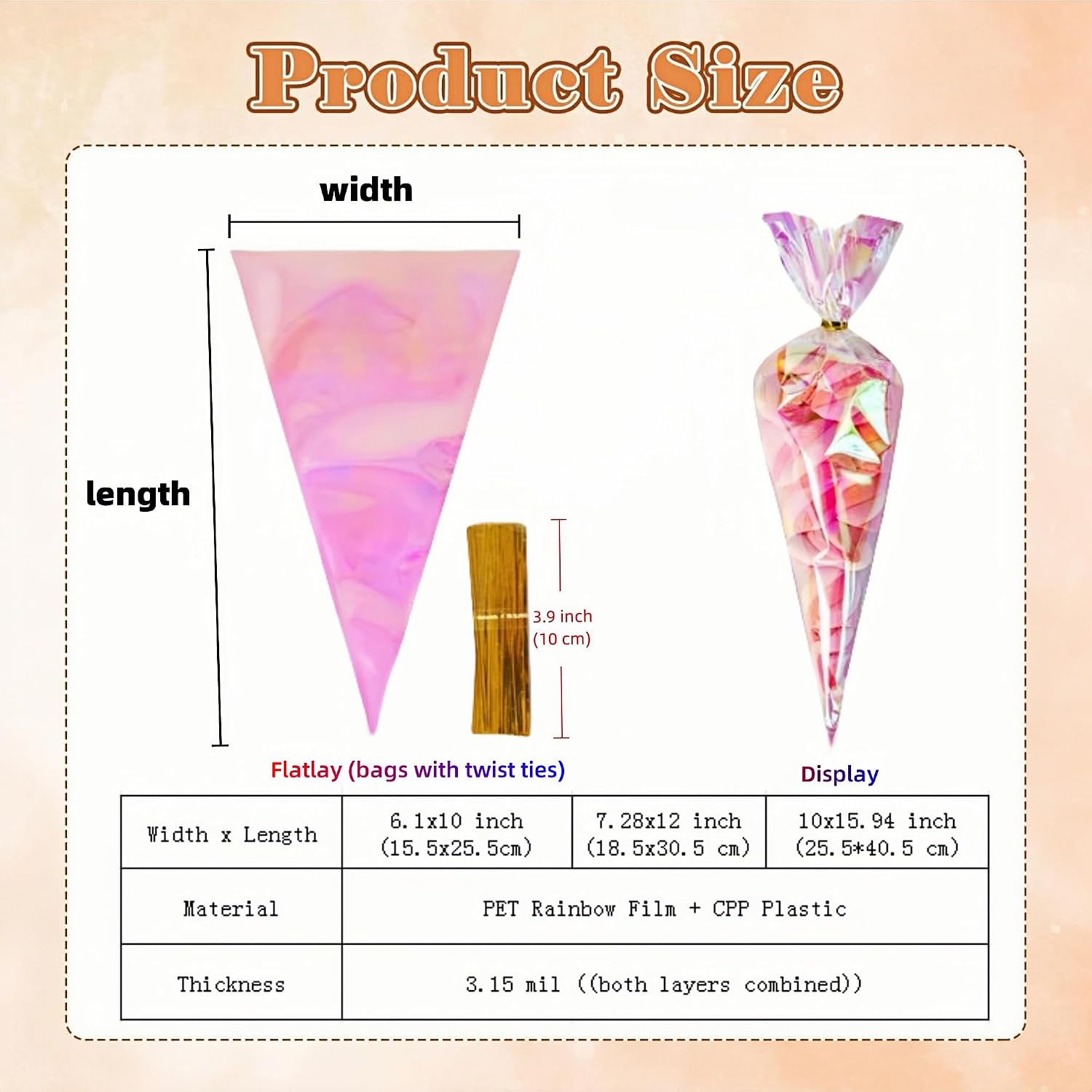 FERENLI 50 Pcs 6.1x10 inch Cone Shaped Iridescent Holographic Cellophane Treat Bags with Twist Ties Plastic Goodie Bags for Candy Popcorn Snack Birthday Party Favors Packaging (Iridescent Clear)