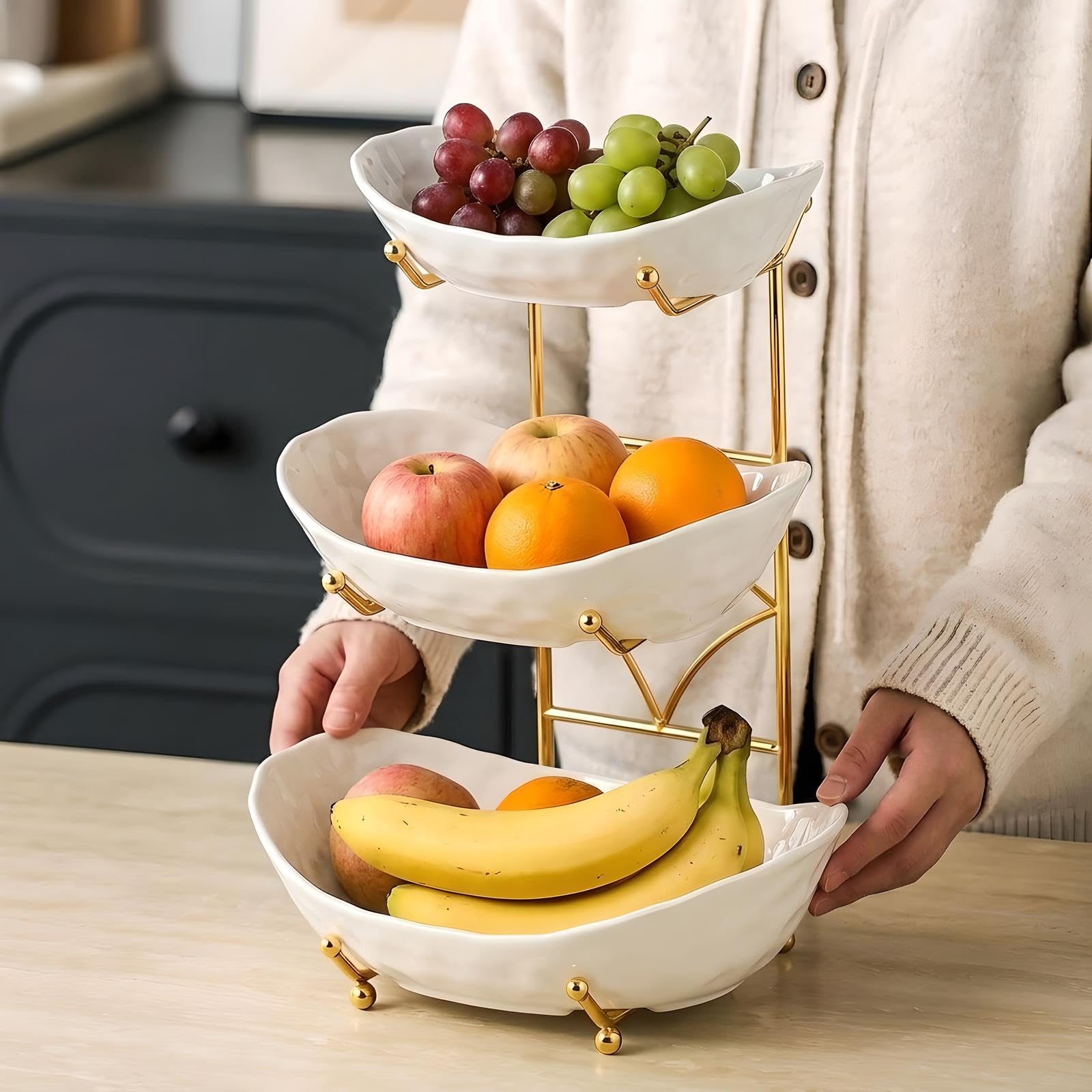 Obstschale mit 2 Ebenen/3 Etagen und Metallständer, Keramik-Obstschale für Zuhause, Party, Küche, Theke, gestufter Obstkorb für Snacks, Süßigkeiten, Brot, Aufbewahrung (Weiß C, 3 Etagen)