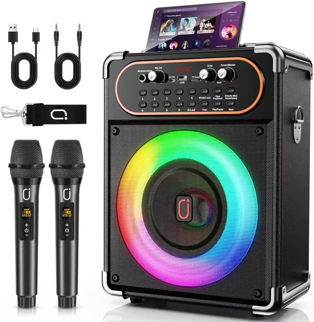 HWWR Karaoke Machine with 2 Wireless 2.4G 0-Delay Microphones for Adults,Portable Bluetooth 5.3 Speaker with Echo Adjustment and Deep Bass,Supports TWS/TV/Guitar for Family Party,Backyard BBQ(2 Mics)