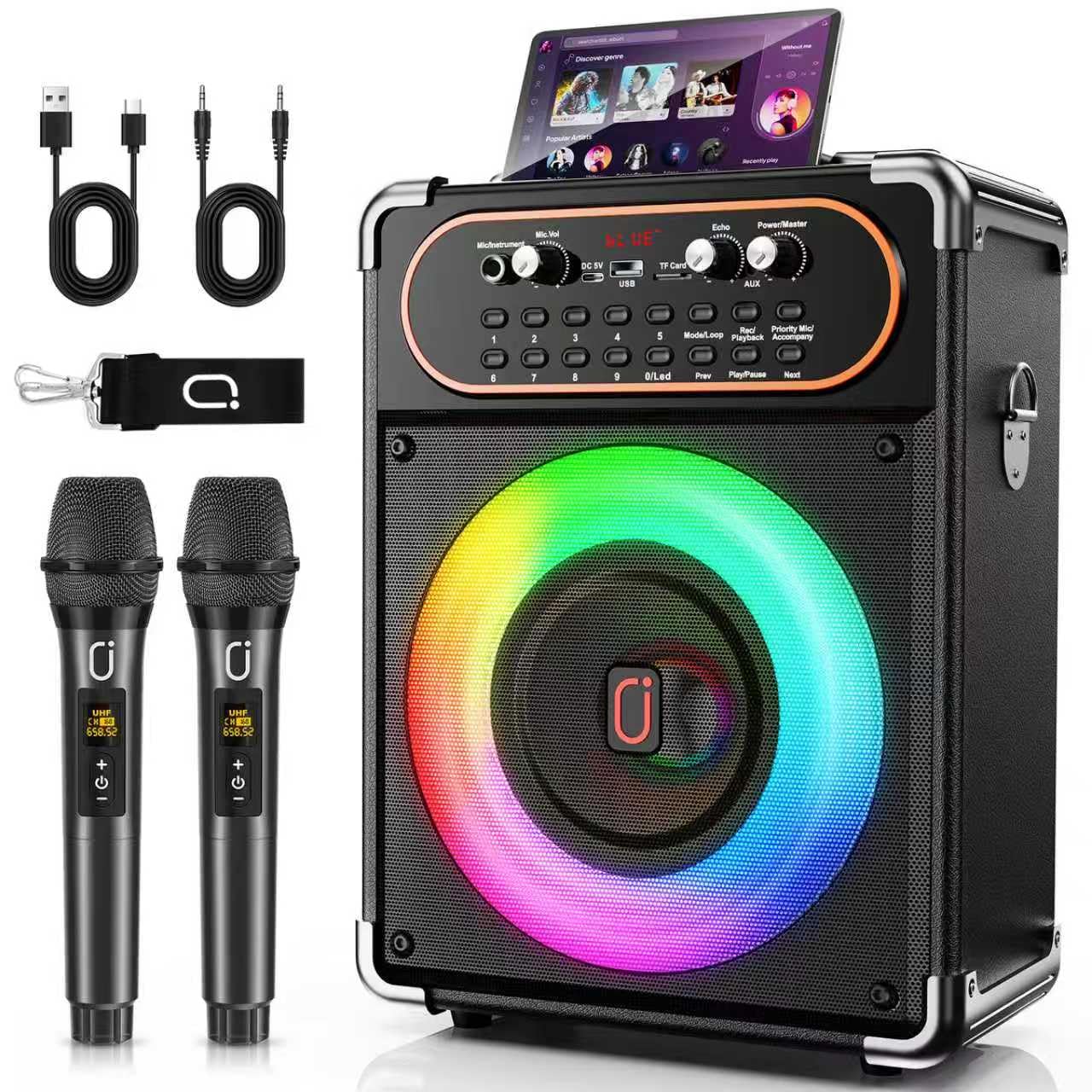 HWWR Karaoke Machine with 2 Wireless 2.4G 0-Delay Microphones for Adults,Portable Bluetooth 5.3 Speaker with Echo Adjustment and Deep Bass,Supports TWS/TV/Guitar for Family Party,Backyard BBQ(2 Mics)
