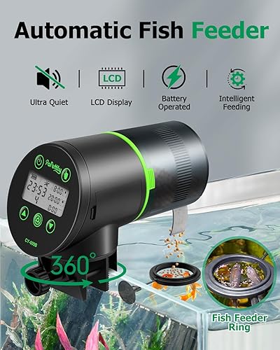 Automatic Fish Feeder for Aquarium, Auto Fish Food Dispenser with Timer and Feeding Ring, Moisture-Proof, Smart Fish Tank Vacation Feeder with 2 AAA Batteries(Black,Battery Powered)