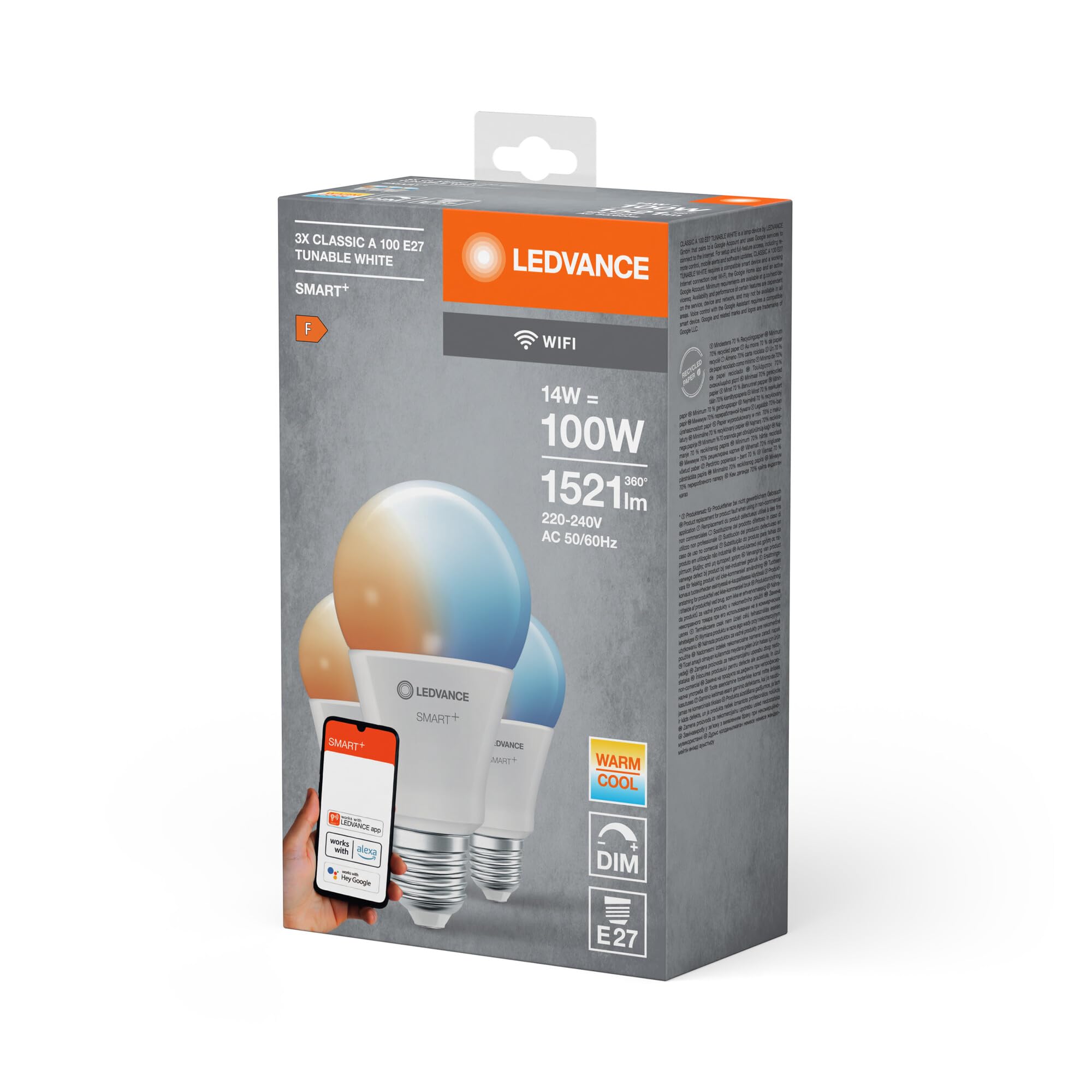 LEDVANCE Lampada LED intelligente con tecnologia WiFi, E27-base ottica opaca,Colore della luce modificabile (2700K-6500K), 1521 Lumen, sostituzione delle lampade 100W, 3-Confezione
