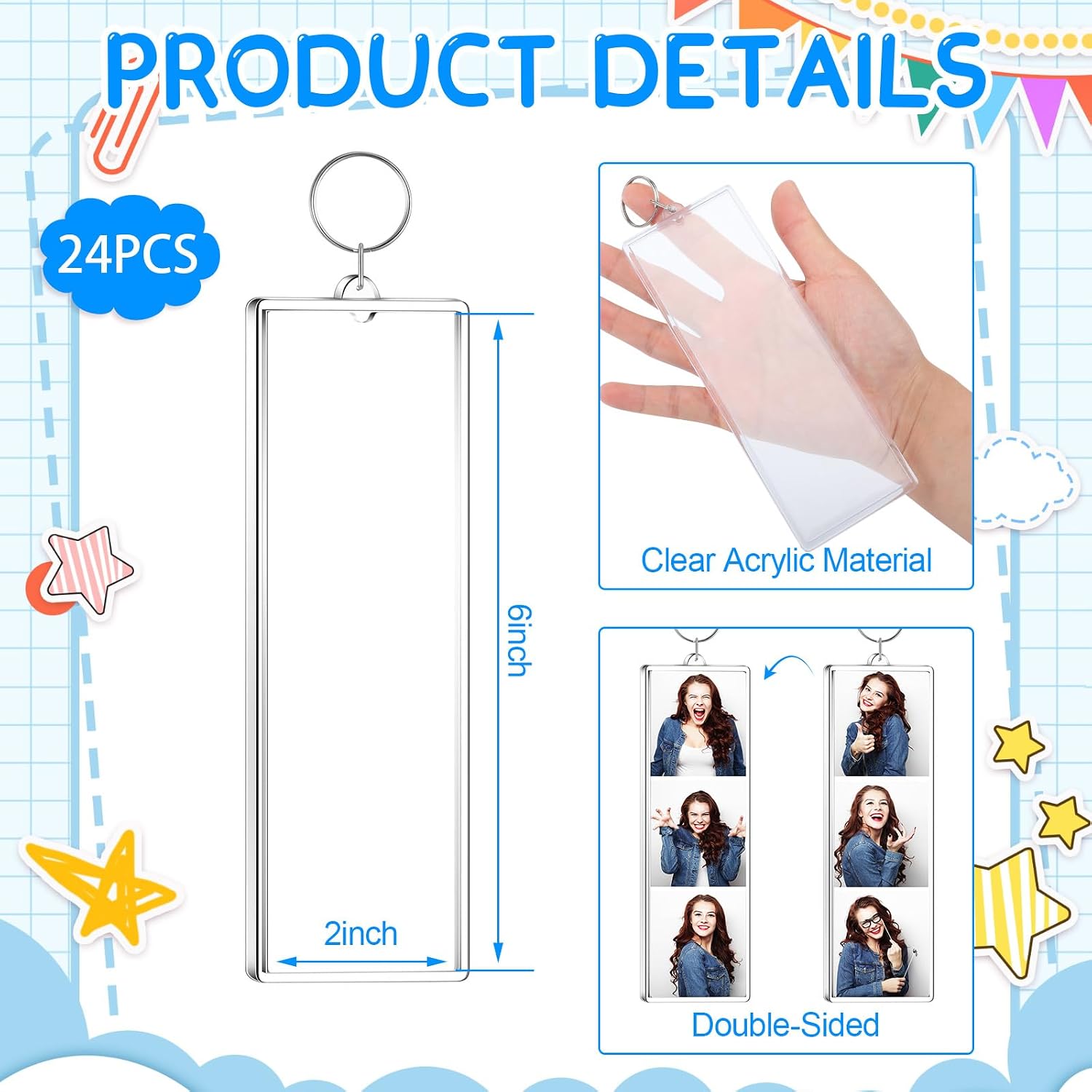 MTLEE Photo Strip Keychain Frame 2 x 6 Inch Clear Acrylic Photo Booth Keychain Double Sided Picture Keyring Holder Blank