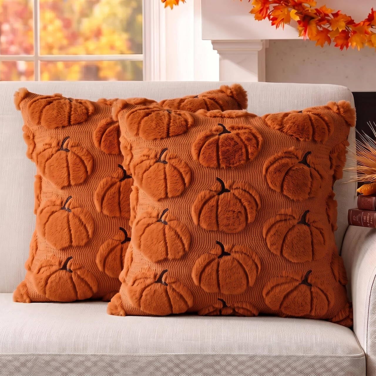 DANGEAB Fall Pillow Covers Pumpkin Fall Decor 18x18 Set of 2 Caramel | Soft Plush Faux Fur,Fall Decorations for Home,Thanksgiving and Autumn Harvest Decor,Porch Sofa Couch Cushion Bed Livingroom