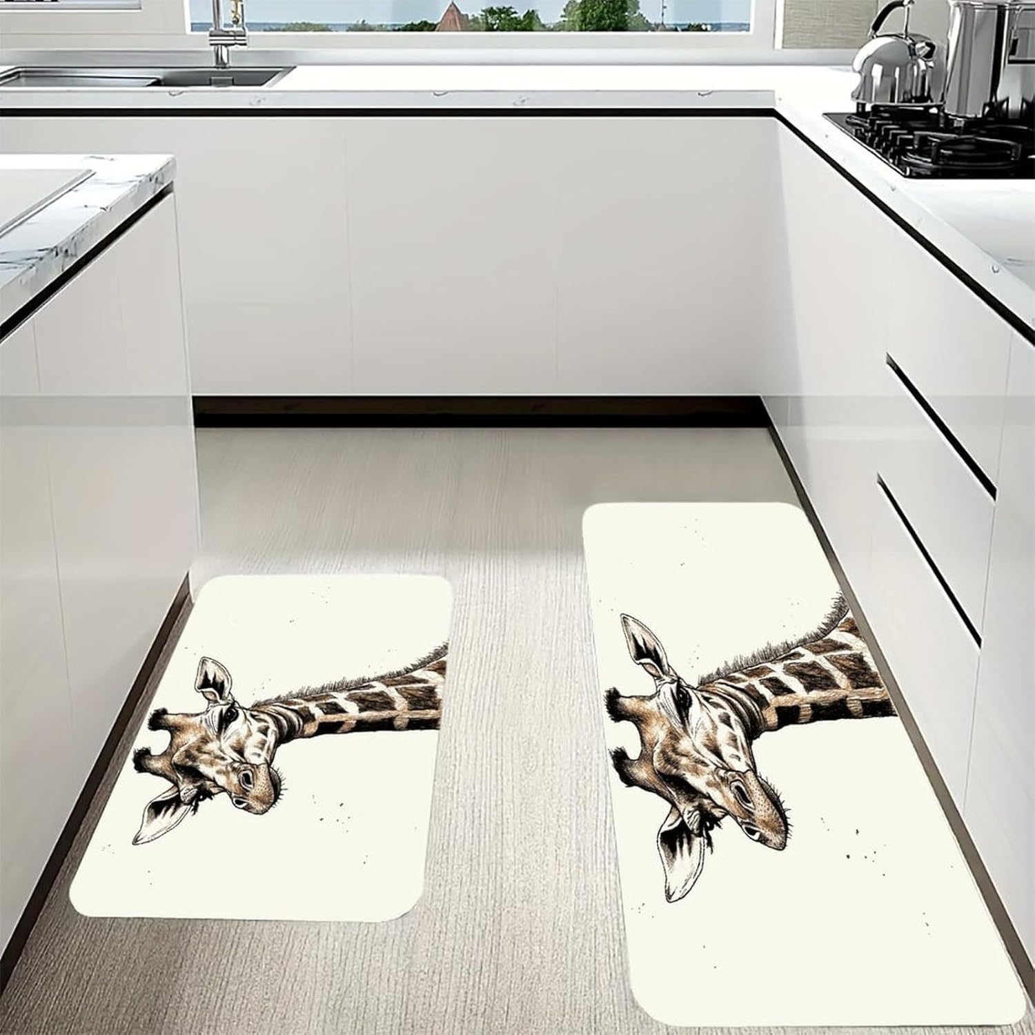 Graphic of Giraffe Tall Neck Kitchen Mats with 2PCS Non-Slip Washable,Kitchen Rug Heavy Duty Durable, Floor Mats for Kitchen,Office,Sink,Laundry