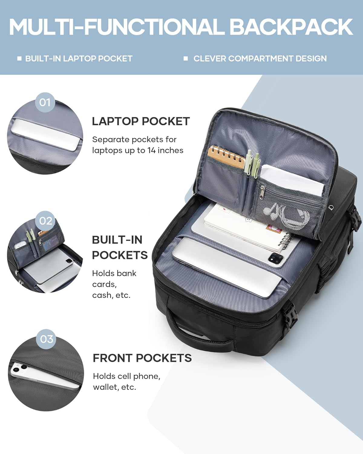 Black Small Travel Laptop Backpack For Women Men,Carry On Backpack,Airplane Travel Essentials For Women,Personal Item Travel Bag Laptop Work Backpacks - Image 3