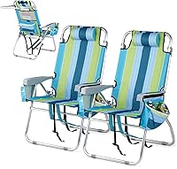VINGLI Tall Backpack Beach Chairs 2 Pack - Lightweight 5-Position Adjustable for Adults w/ Cooler Bag, Cup Holders, Towel Bar (Blue/Green)