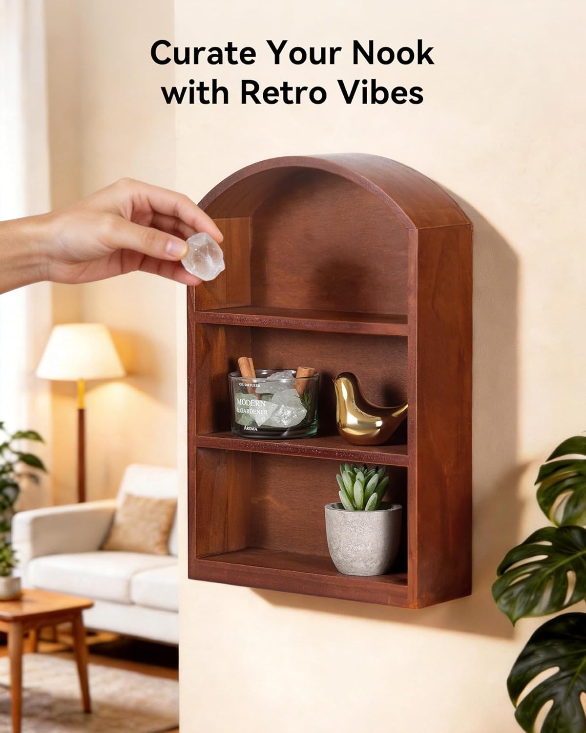 Arched Trinket Shelf, 9" x 13.5" Wooden Display Shelf for Wall or Desk, Vintage Shadow Box with Shelves for Collectibles, Mini Figures, Perfumes & Crystals - Rustic Brown