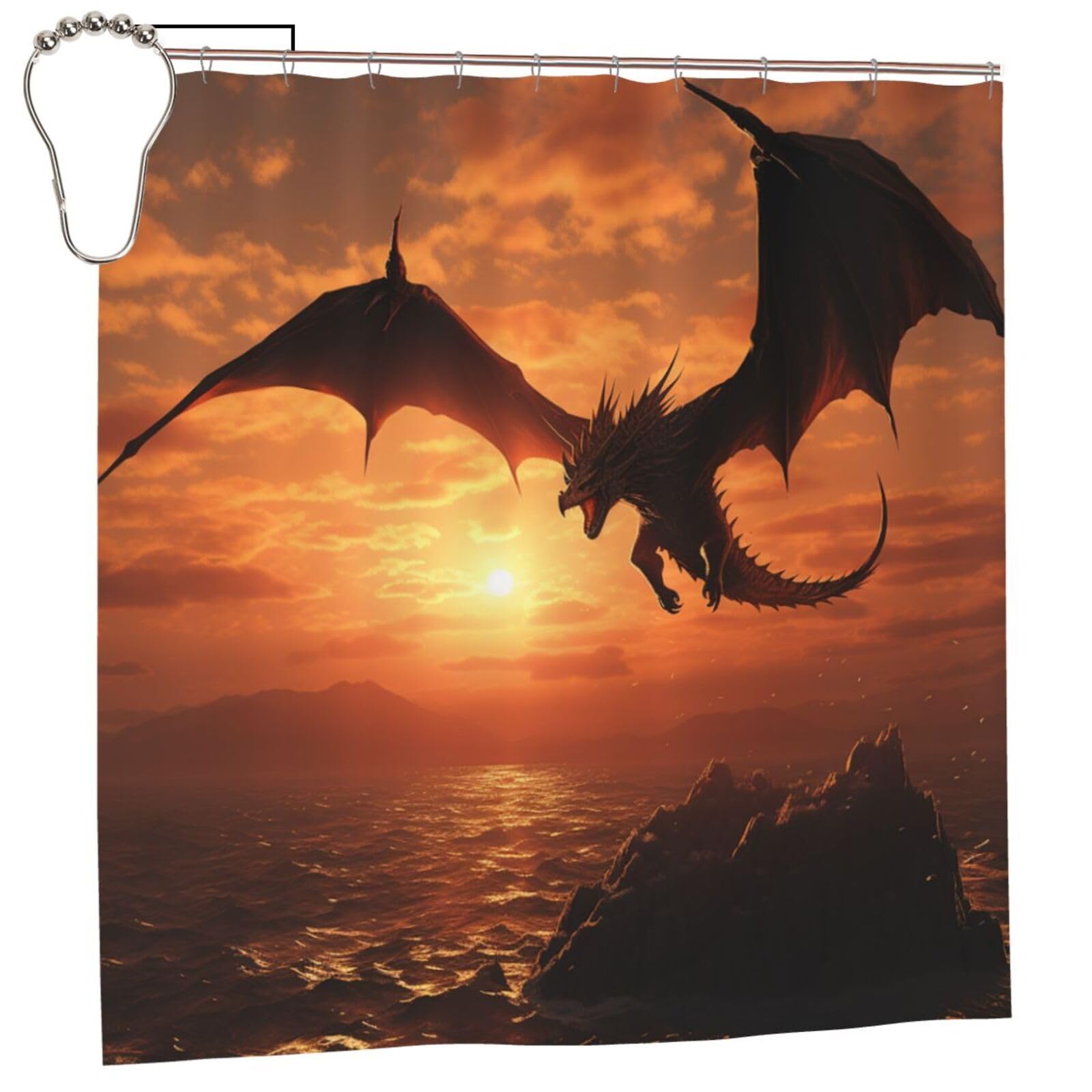 FodPand Sea Sunset Flying Dragon Shower Curtain 70"x70" Waterproof Long Bathroom Curtain Heavy Duty Thick Cloth Bath Curtain Set with Hooks, Modern Abstract Art Pattern Bathroom Shower Curtains