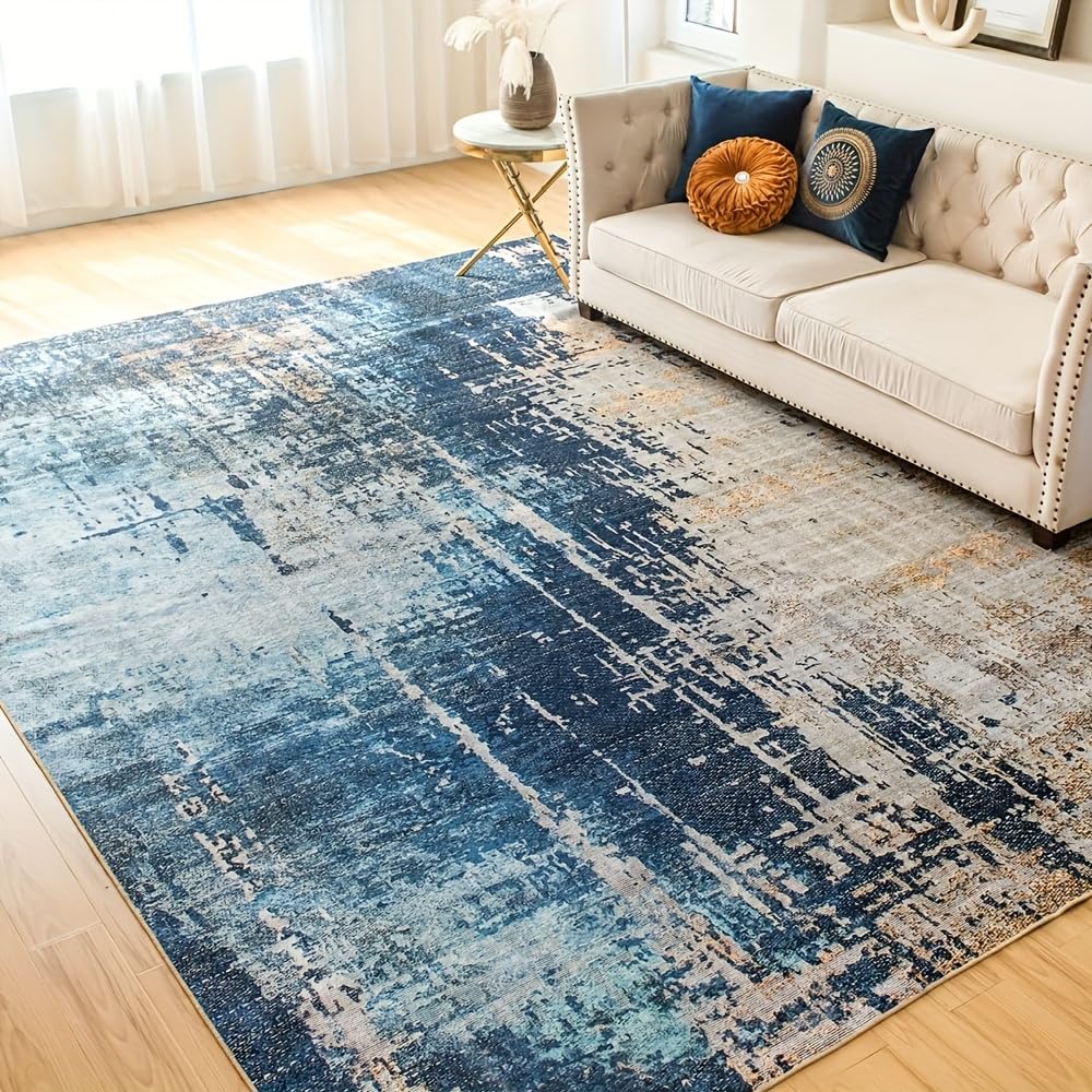 Tapis bleu salon moderne abstrait 60x230cm antidérapant en microfibre
