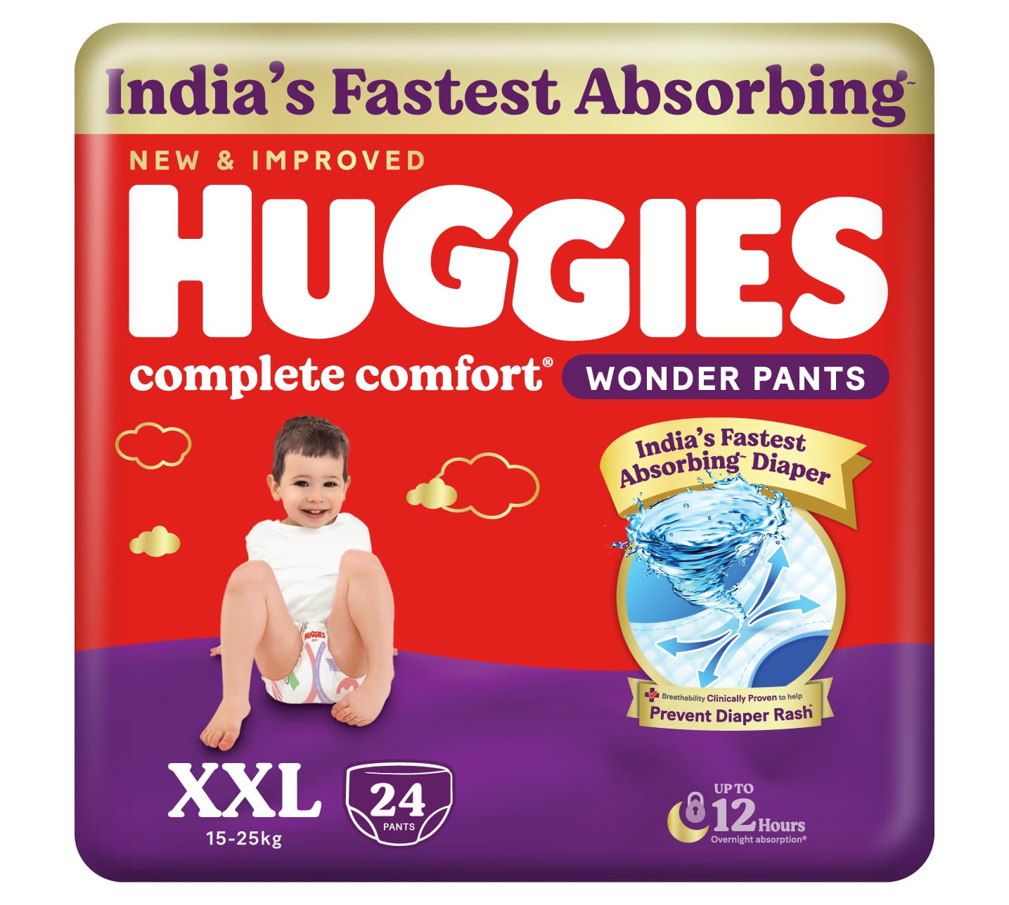 Huggies Complete Comfort Wonder Pants | Pant Style Baby Diapers Double Extra Large Size, 24 Count | India's Fastest Absorbing Diaper, Prevents Diaper Rash, Ideal for 15 to 25 Kgs