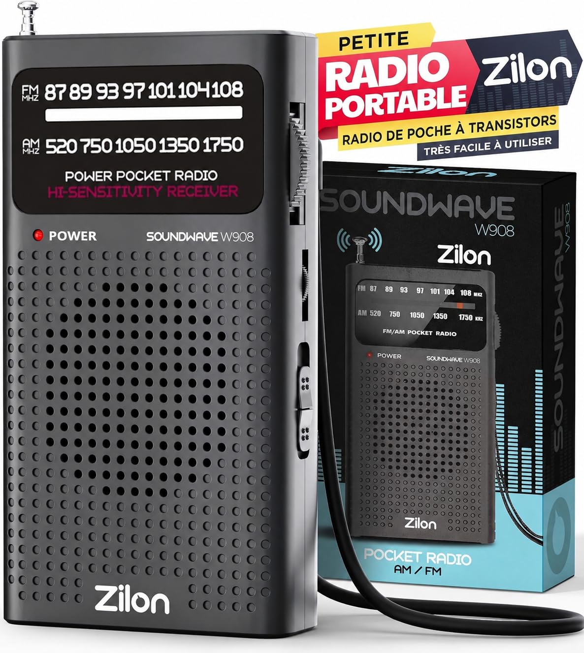 Radio à Piles Portable Petite Analogique Transistor FM Entrée pour Écouteurs Kit d’Urgence Excellente Réception Petit Poche Utilisation Simple Personnes Âgées Chiffres AA (Noire)