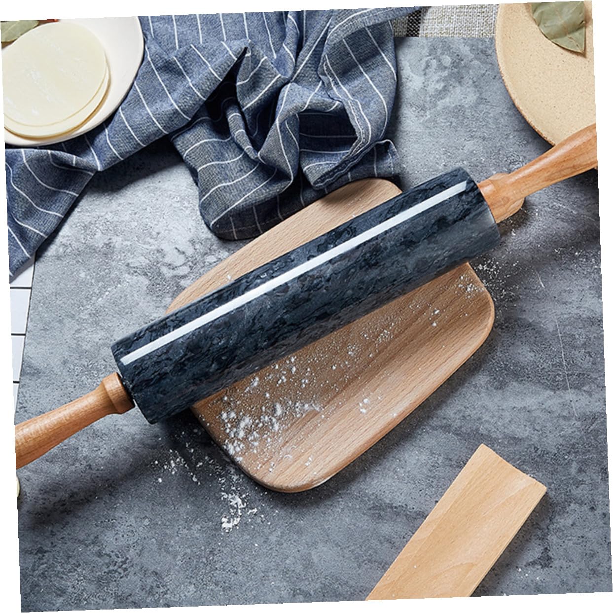 Uonlytech Nudelholz aus Marmor mit Holzgriff Praktisch für Teig und Brot 2 Materialien Leicht zu Reinigen für Küche und Backen