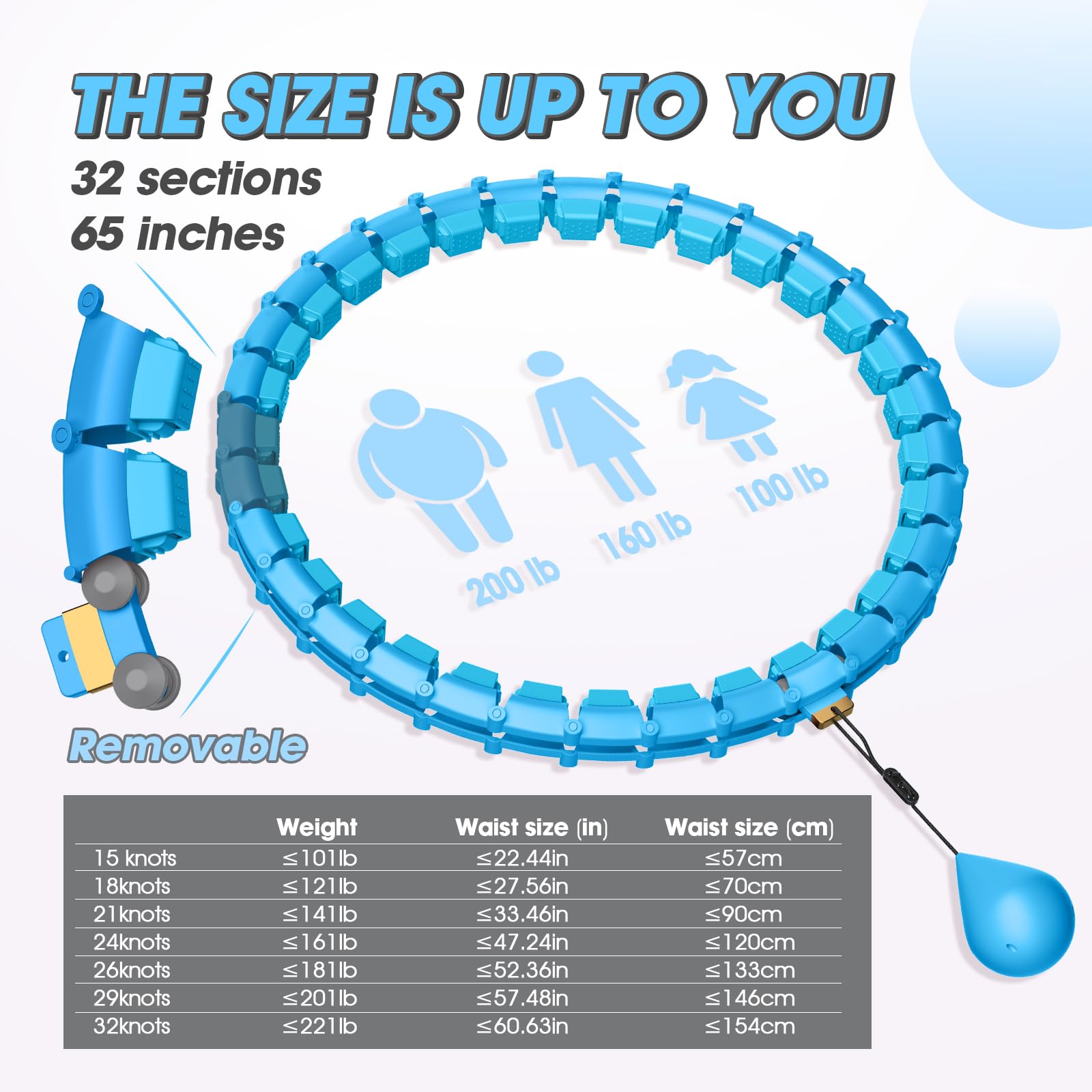Cerceau Smart Hoop extra large de 165 cm pour adulte avec boule de poids, 32 nœuds, ne tombe jamais du hula silencieux pour perdre du poids, fitness, divertissement
