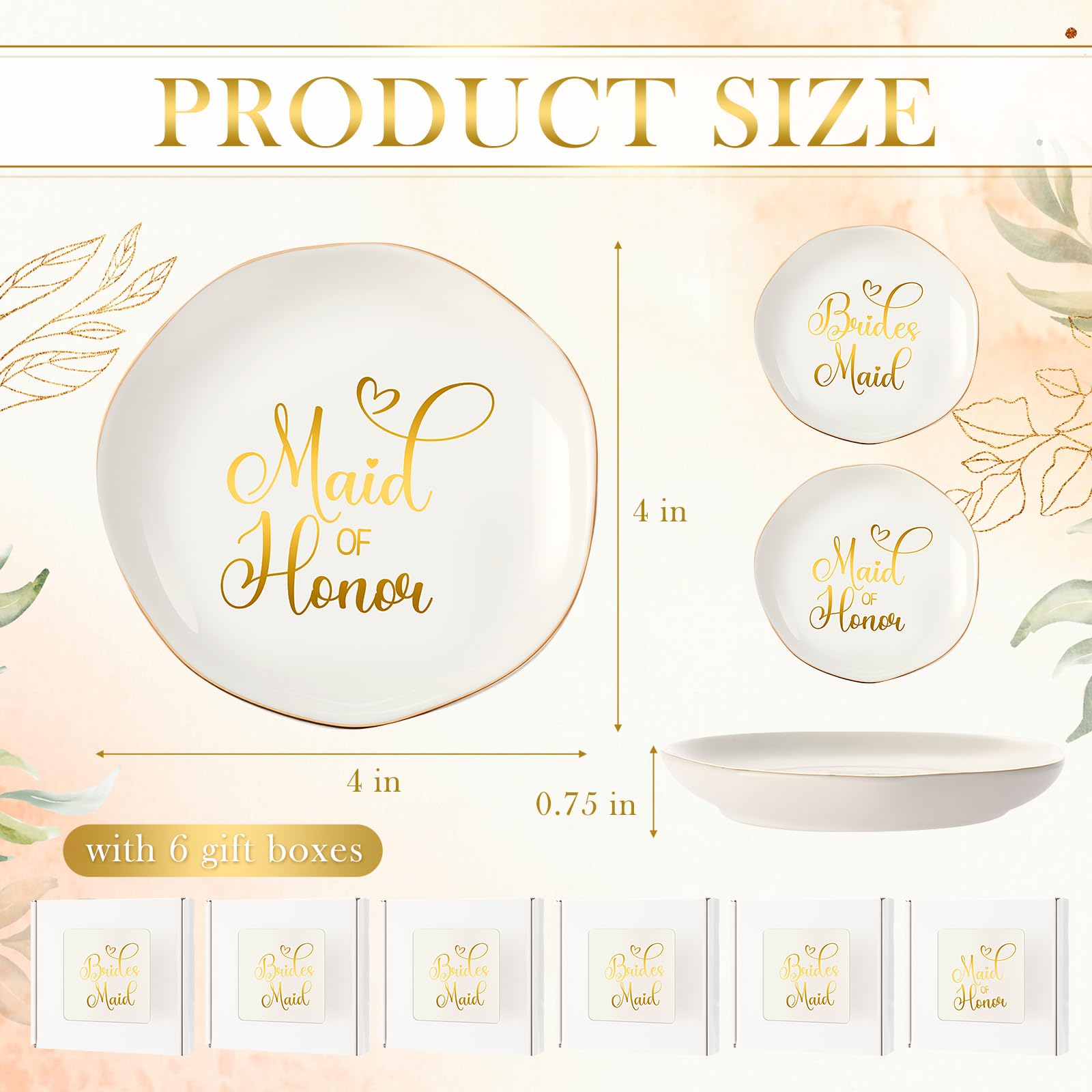 Hushee 6 juegos de bandeja de cerámica para joyas de dama de honor, plato de regalo de propuesta de dama de honor con cajas, plato decorativo para aretes, collares, pulseras, para boda, despedida de