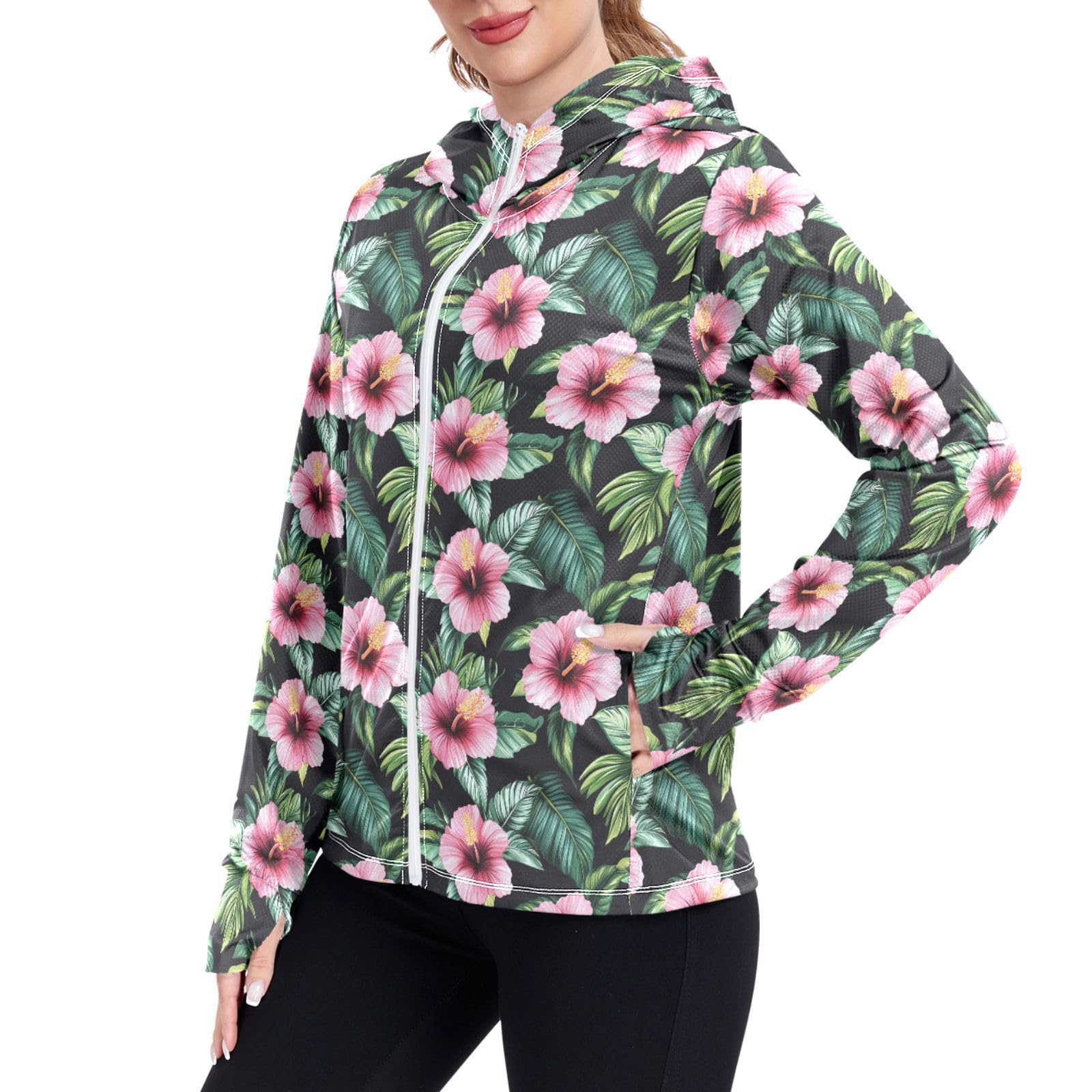 Tropical Hibiscus Flower Women Sun Protection Lightweight Hoodie Jacket Zip Up Jackets for Women UPF 50+ Clothing for Hiking Golf Running L