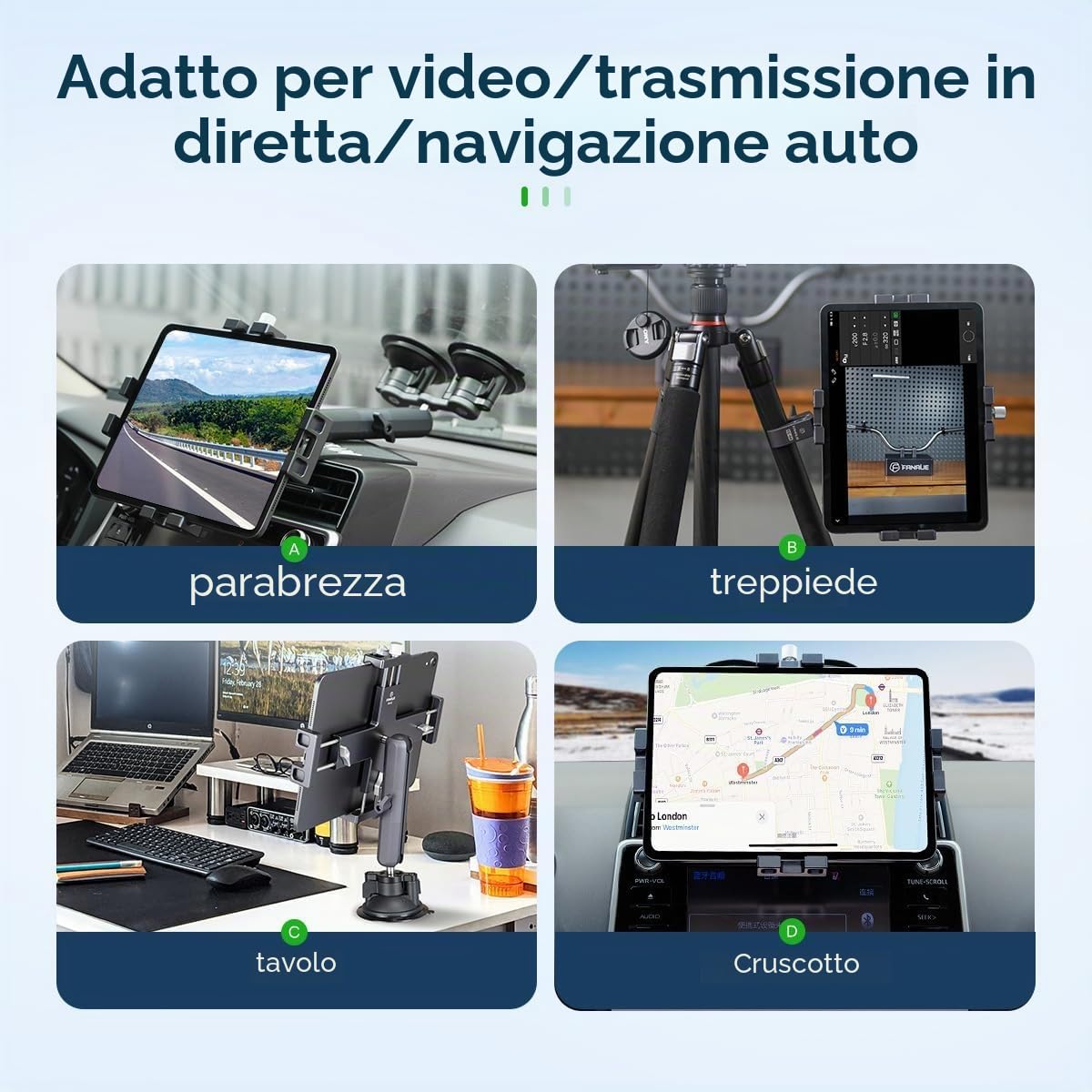 FANAUE Supporto in metallo per iPad con adattatore a sfera da 1 pollici, girevole a 360°, adatto per parabrezza, cruscotto o scrivania, per tutti i tablet da 8 a 12,9"