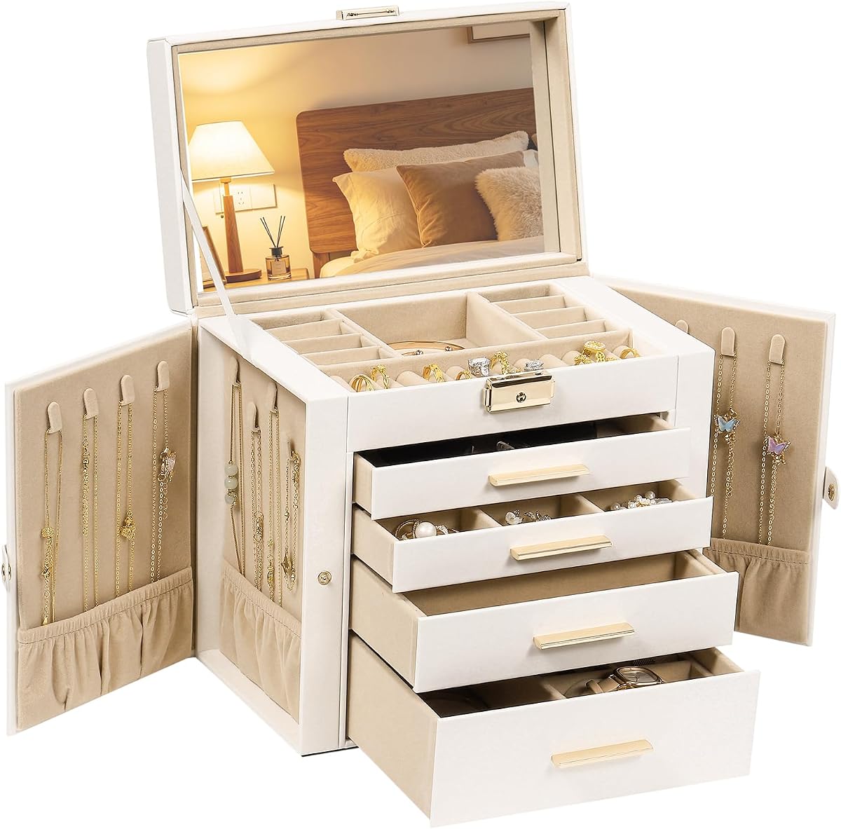RoseGem Synthetic Leather Huge Jewelry Box Mirrored Watch Organizer Necklace Ring Earring Storage Lockable Gift Case (White)