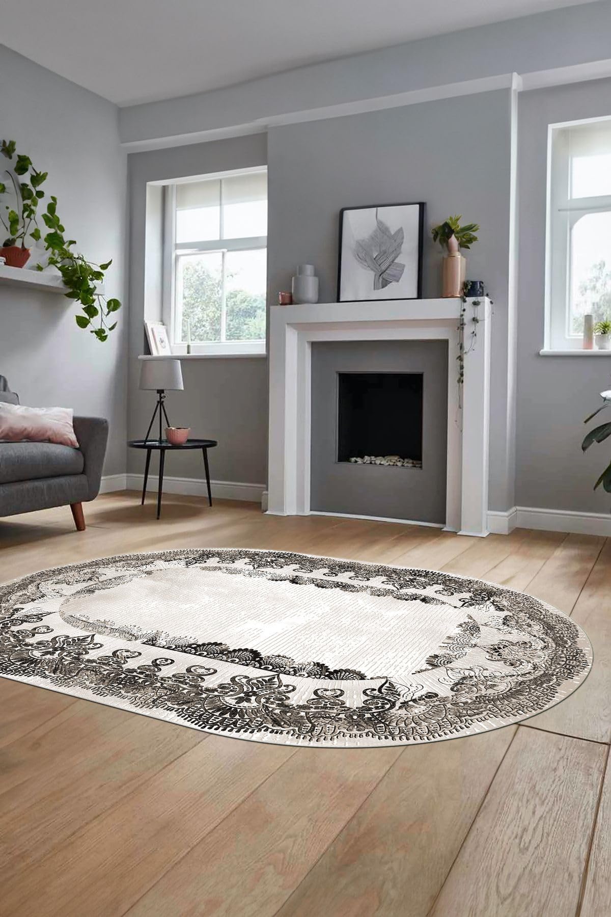 Evdeya Baskılı Kaymaz Yıkanabilir Renkli Klasik Desen Oval Yolluk Salon Halısı O-KLASİK-08, Vizon, 40 x 60