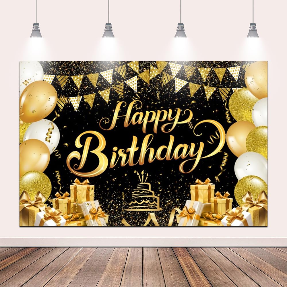 Pnylzzyxh 8x6ft Black Gold Happy Birthday Backdrop, Golden Balloons Glitter Star Party Background Banner