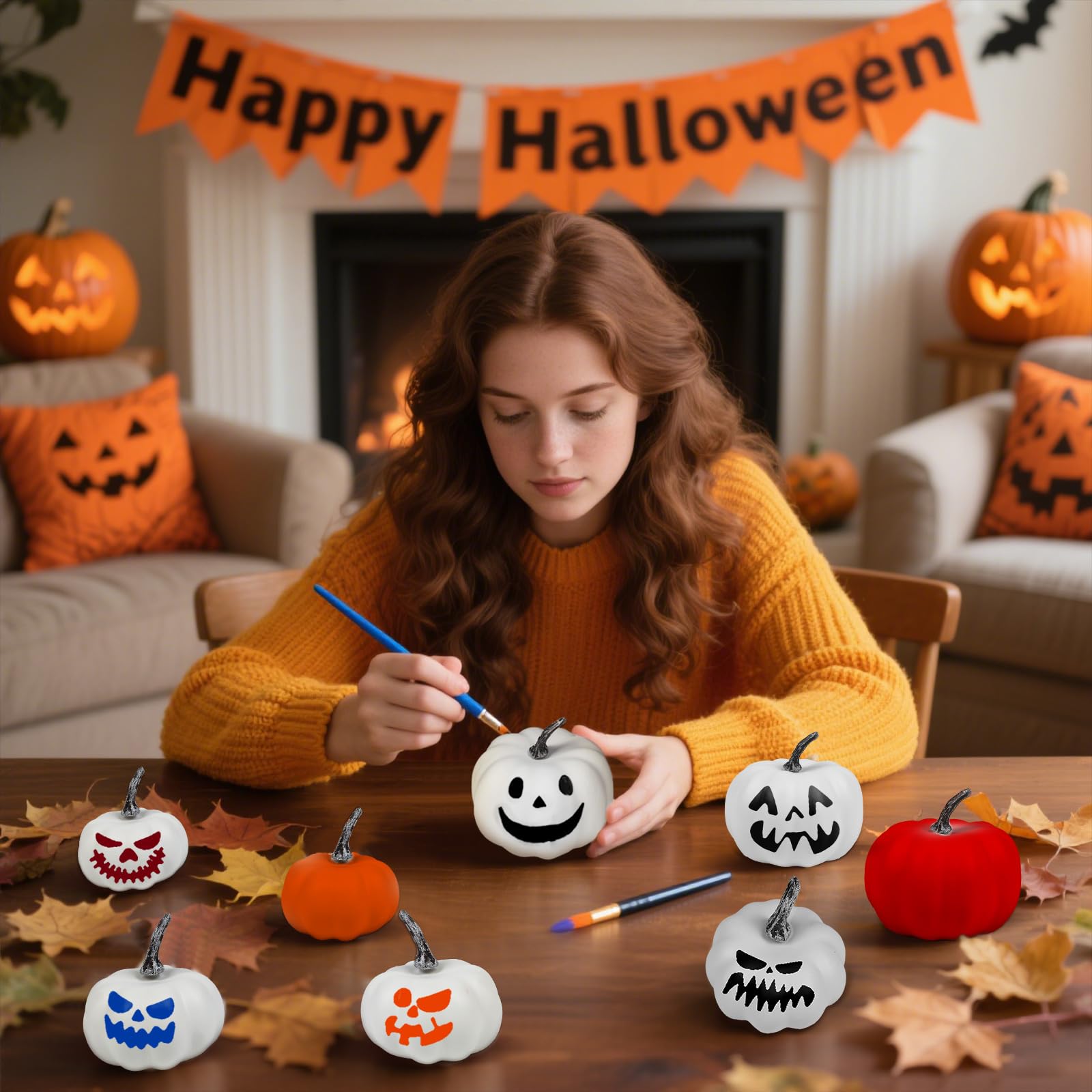 Fangoo 20 Piezas 4 Tamaños Calabazas Blancas Artificiales con Pigmento Pinceles Paleta de Clores Pegatinas Decorativas para Decoraciones de Halloween Accesorios Fotográficos