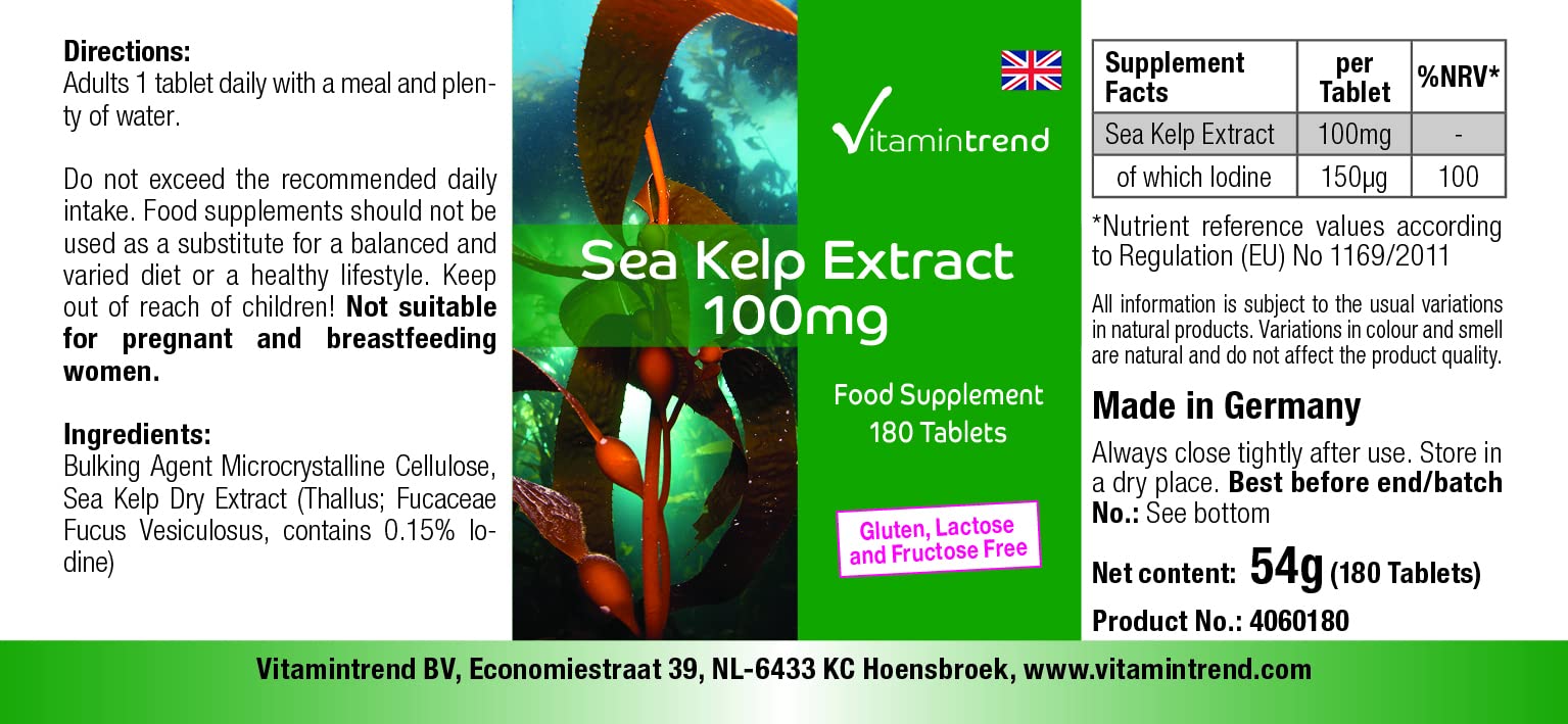 Vitamintrend Extrait de Kelp 100 mg, 180 comprimés, faciles à avaler, iode naturel, complément alimentaire végan sans stéarate de magnésium, fabriqué en Allemagne