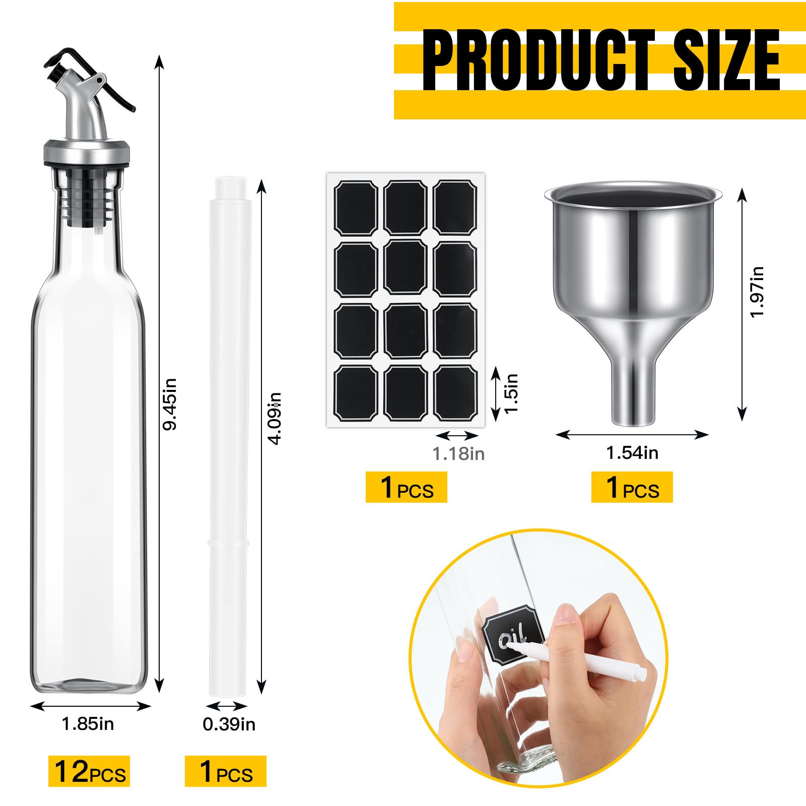 Hushee El juego de 15 botellas dispensadoras de aceite de oliva de vidrio transparente incluye 12 botellas de vidrio de 8 onzas con boquilla, recipiente de vinagre de aceite, vinagre para cocina con