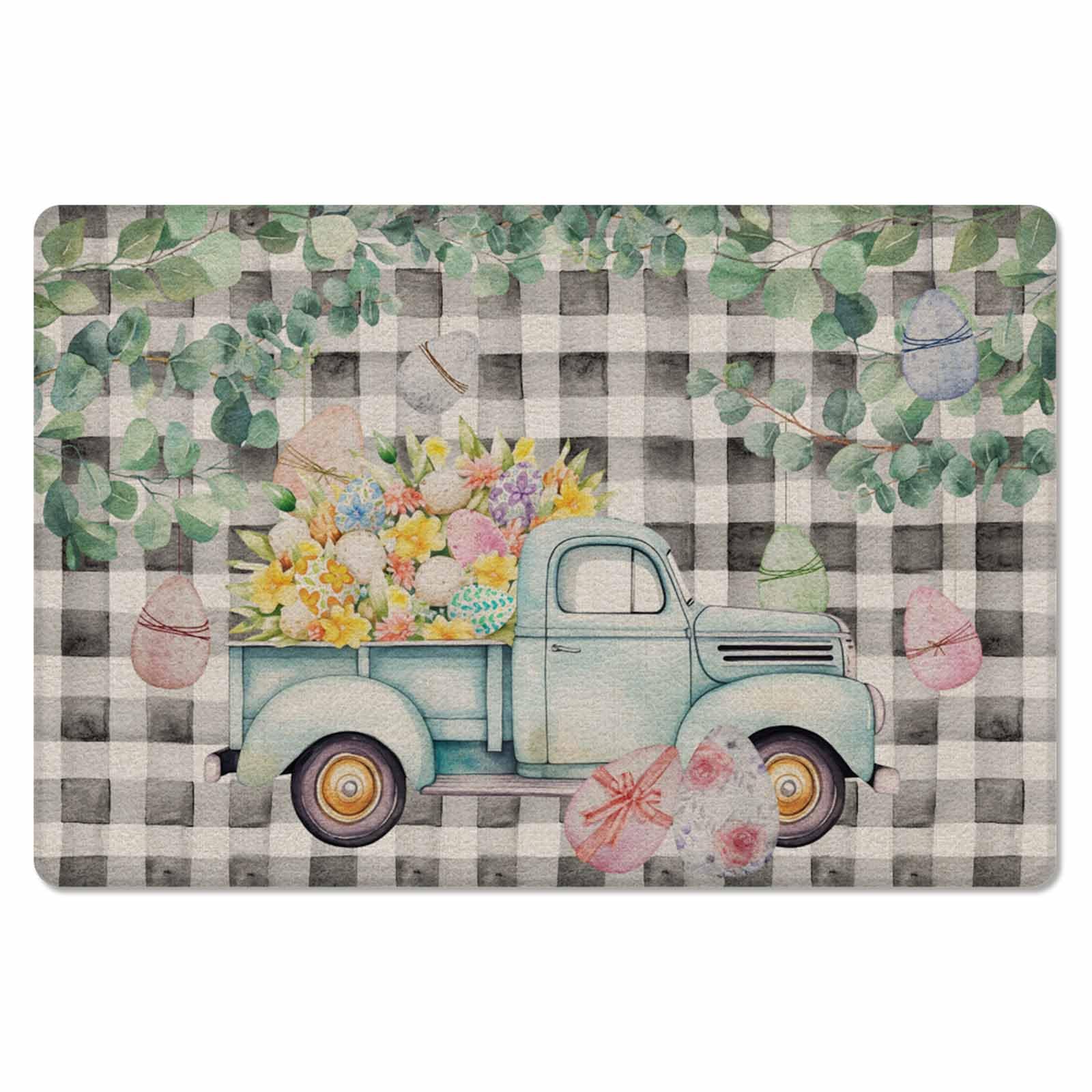 Easter Truck Plaid Kitchen Bath Door Mat Cushioned Runner Rug,Washable Welcome Floor Sink Antifatigue Mat,Waterproof & Non-Slip Comfort Standing Doormat,Eucalyptus Floral Eggs Buffalo Black 18
