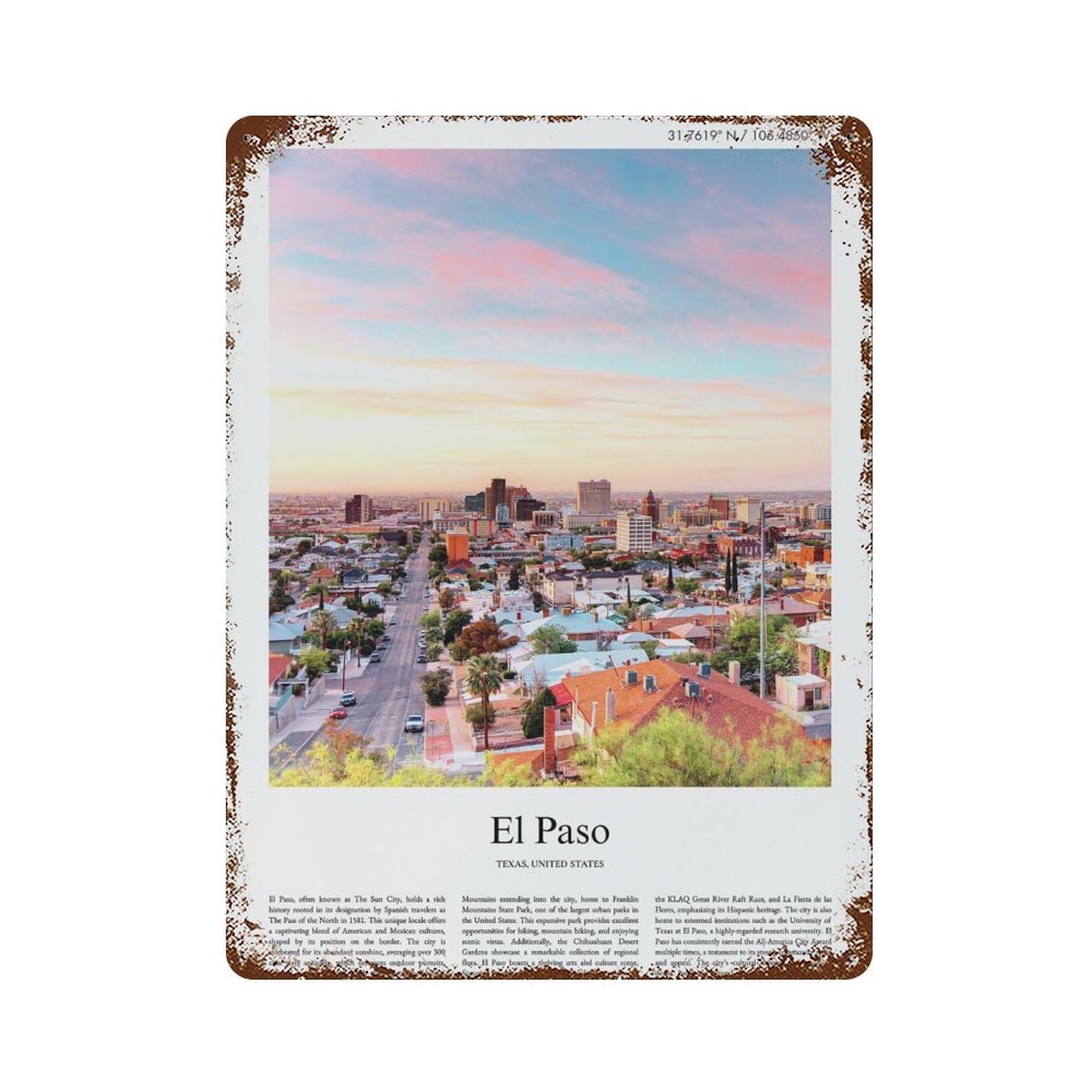 xiaoxiaoshen El Paso Texas, United States, USA City Scenery Wall Decor Art Metal Tin Poster Modern Home Decor Art Home Bar Shop Decorations Vintage Sign 40x30cm