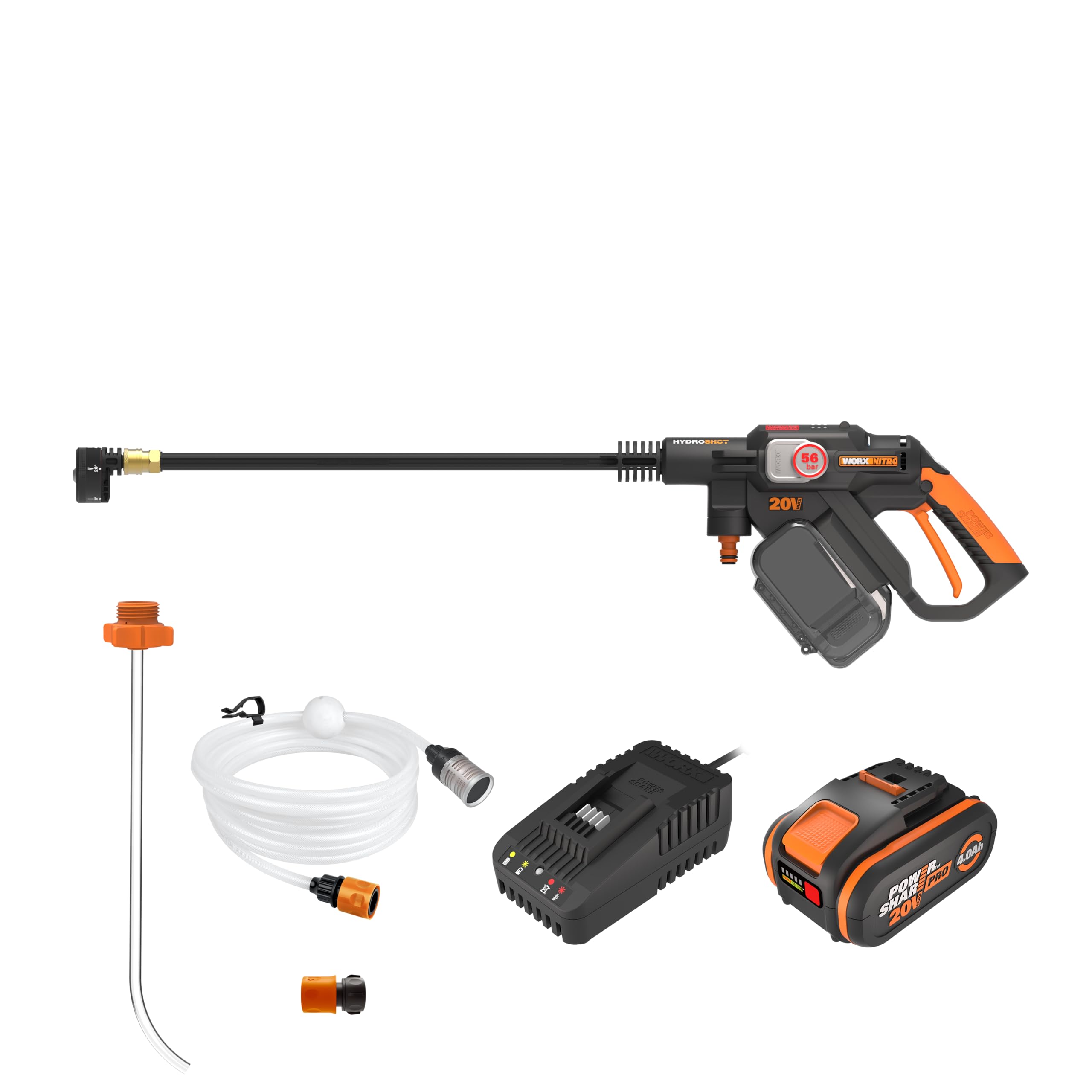 WORX Nitro WG633E Idropulitrice a batteria 20 V | PowerShare | max. 56 bar | 220L/H | Include batteria da 4,0 Ah e caricatore | Pulizia terrazze e lavaggio auto