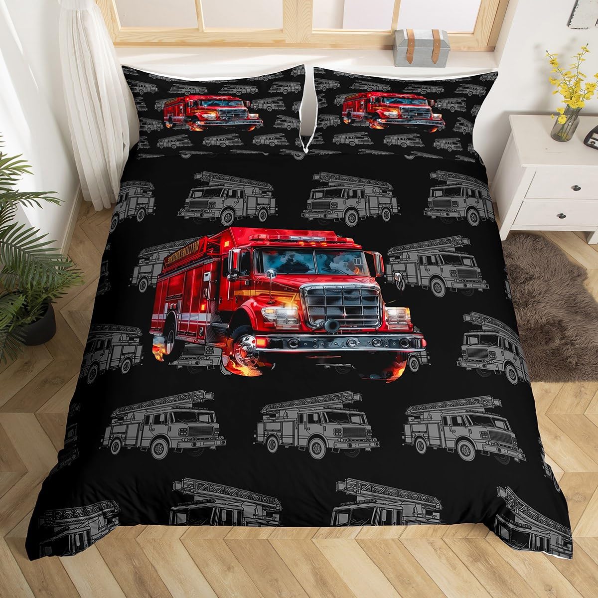 Loussiesd Feuerwehrwagen Bettwäsche Set 135x200cm für Kinder Jungs Teens Feuerwehrmann Betten Cartoon Feuerwehrmann Auto Fahrzeug Bettbezug