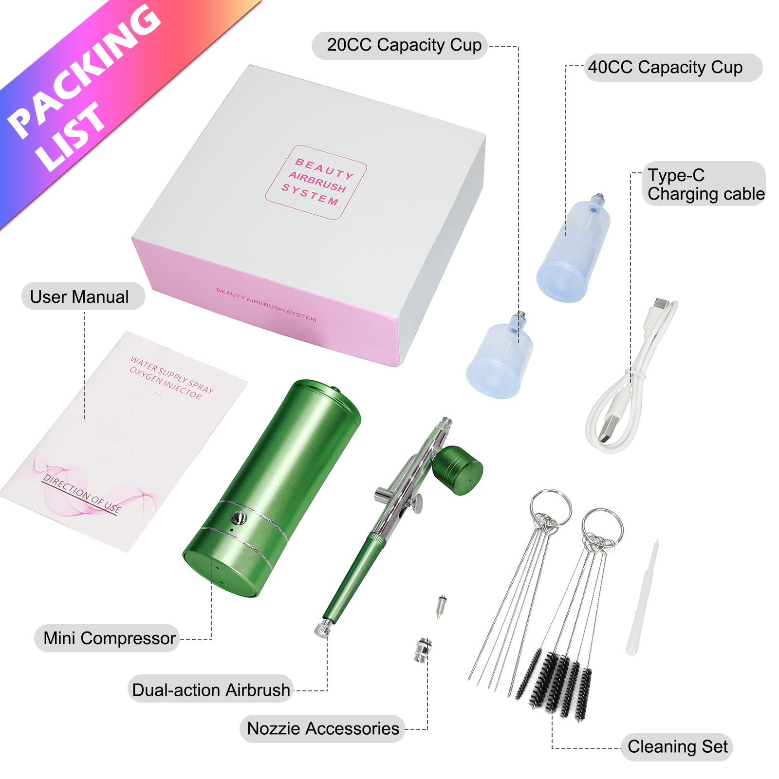 Kit aerografo con compressore, pistola ad aria compressa ricaricabile, portatile, ad alta pressione, con ugello da 0,3 mm e set di pennelli per la pulizia, per pittura, tatuaggi, unghie, trucco, arte,